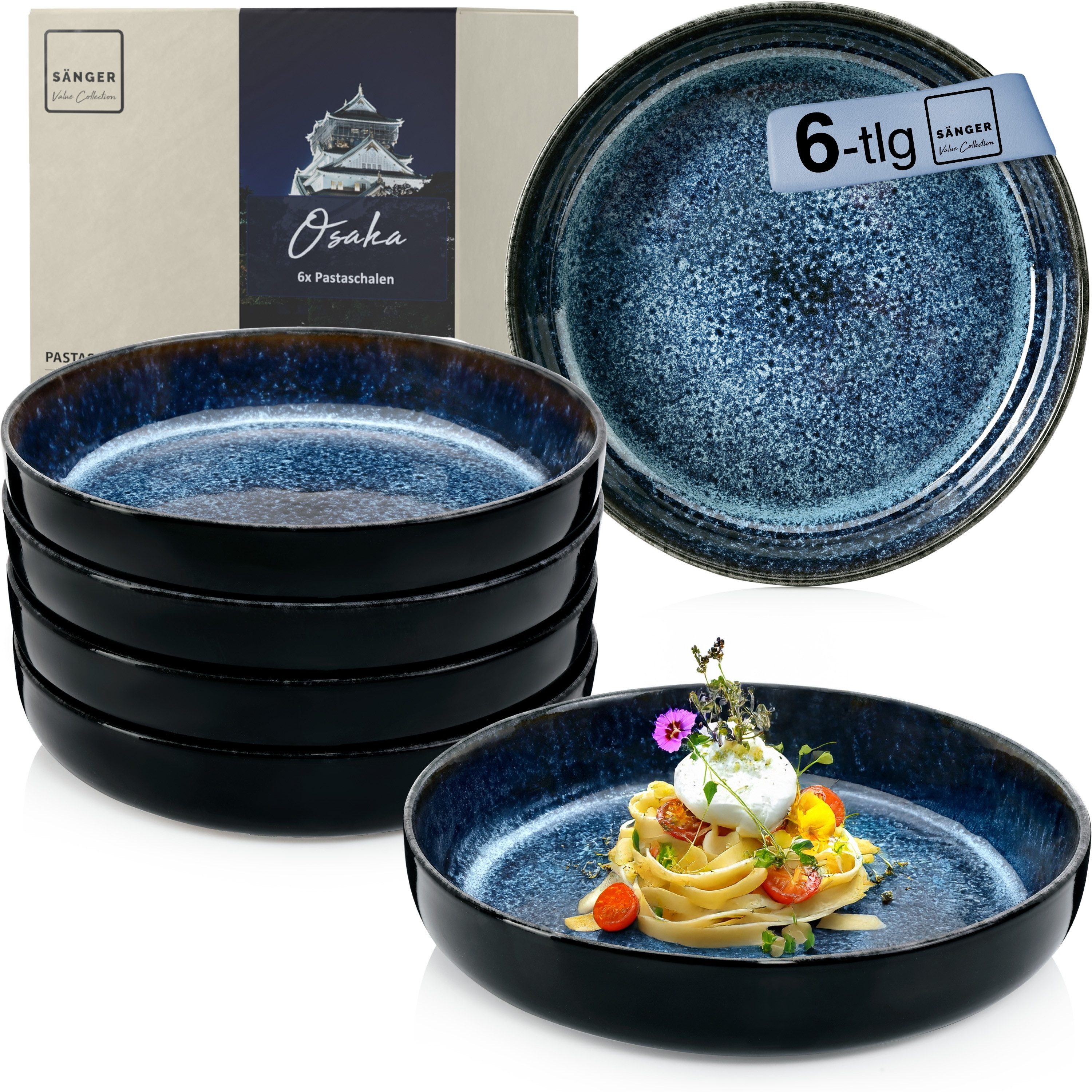 SÄNGER Тарелки-Set Osaka, Blau mit schwarzem Rand (6-tlg), 6 Personen, Steingut, Pastaschalen Set, Handmade, Erweiterbar, VALUE COLLECTION