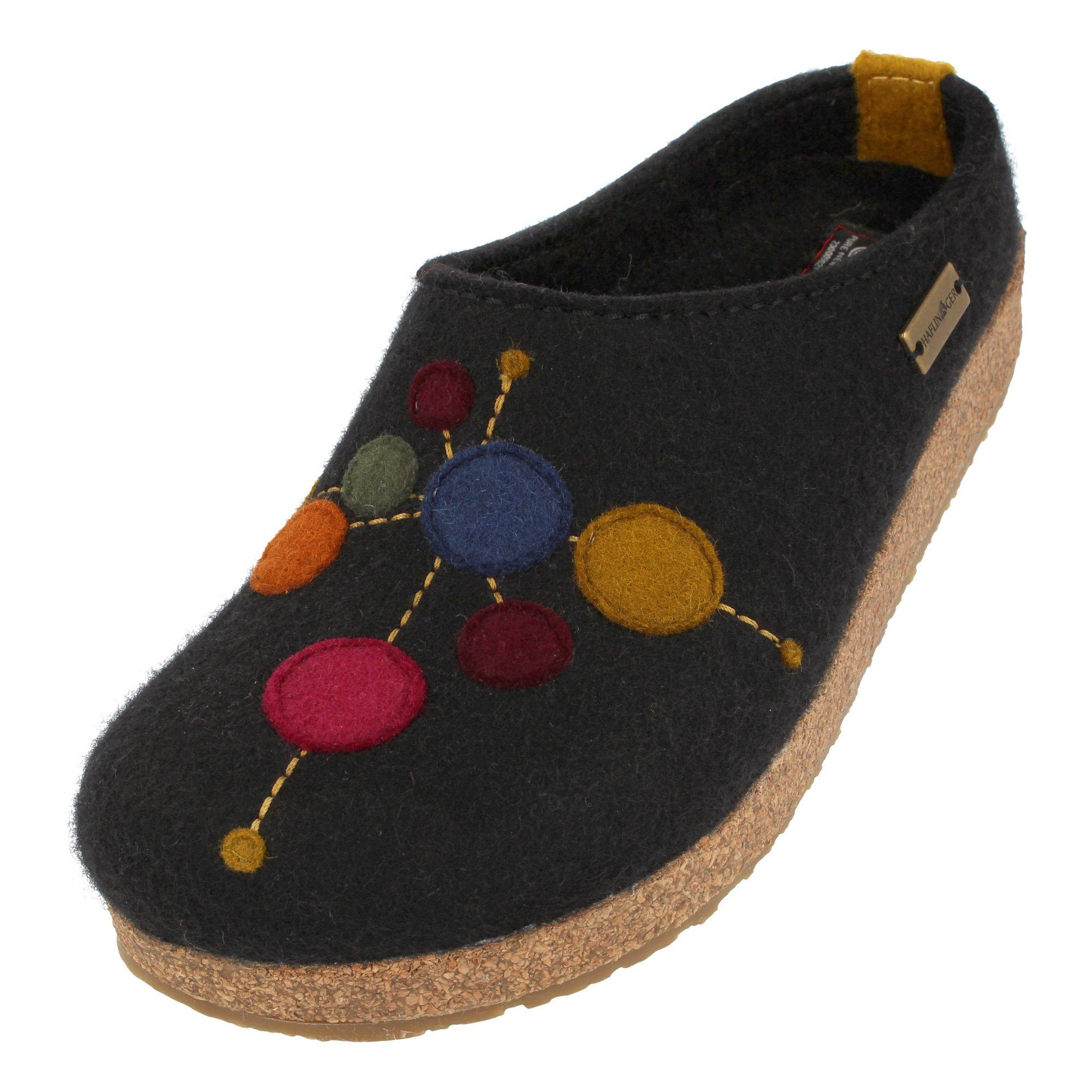 Haflinger Faible Filzclog aus reinem Wollfilz mit Applikation Punktdesign Unisex Hausschuh