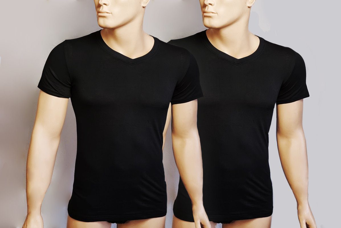 Toker Collection® Ausschnitt aus (Packung, Basic 2er Schwarz Pack 2er-Pack) Herren Unifarbe, Baumwolle T-Shirt V- in T-Shirt