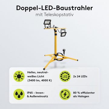 Goobay LED Baustrahler 2x 20 Watt LED Baulampe Doppelkopf mit Stativ, Neutralweiß, 3400 lm, Neutralweißes Licht 4000 K, LED Scheinwerfer mit Metallstativ