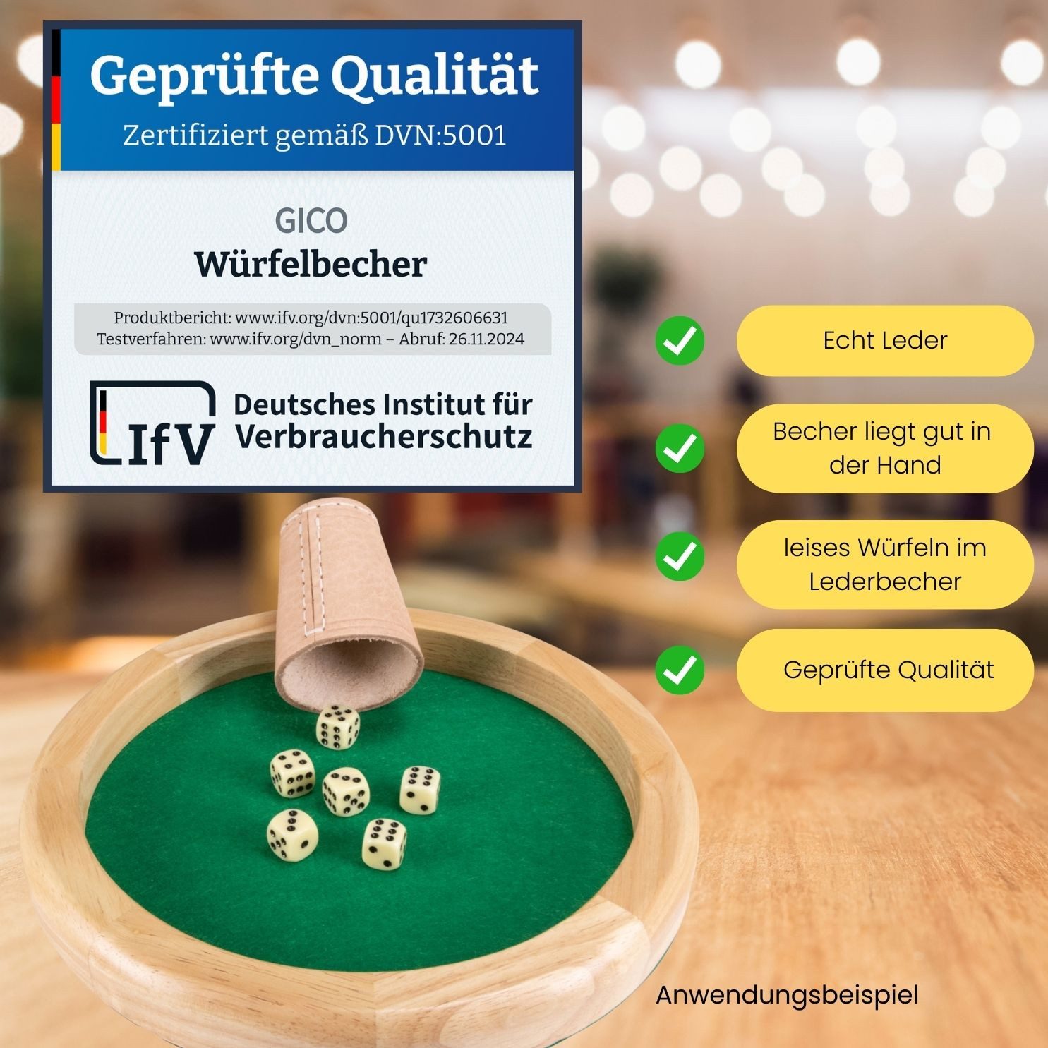 GICO Spielesammlung Würfelbecher (echt Leder) Standard (9 cm) mit 6 Würfeln 5902