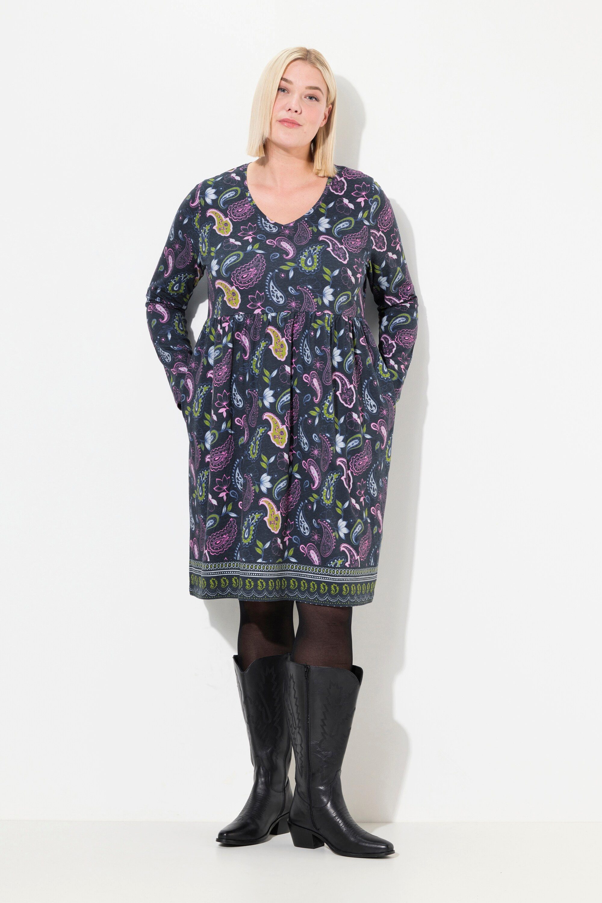 Midikleid Longshirt Blüten A-Linie V-Ausschnitt Langarm