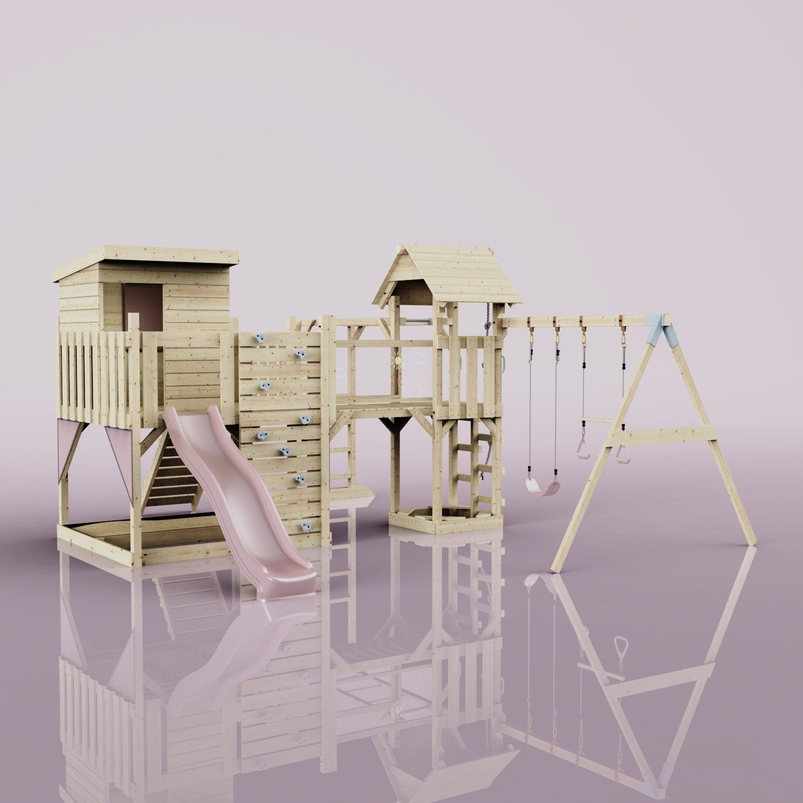 OutdoorToys Spielturm Malou, aus Holz in Altrosa mit Trapezschaukel mit Rutsche