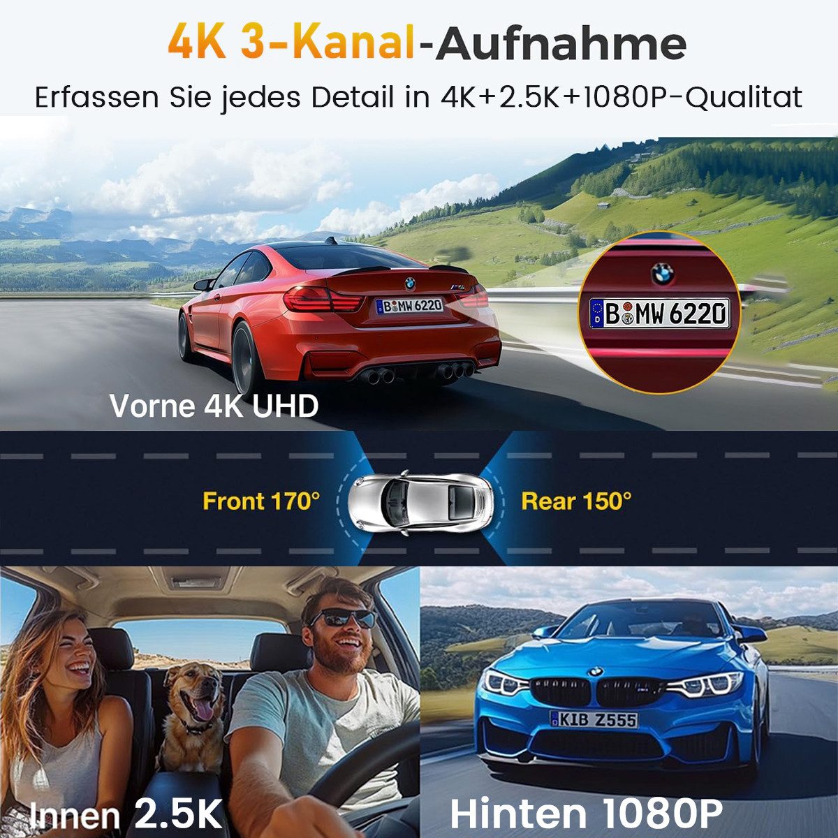FOSMET Dashcam Auto,3 Channel 3.16" IPS-Bildschirm,mit GPS,WiFi,Auto kamera Dashcam (4K/2,5K+1080P, G-Sensor, 32GB-Karte, wasserfest, 170°Weitwinkel WDR,Loop-Aufnahme,Parküberwachung,Unterstützt 256GB Max)