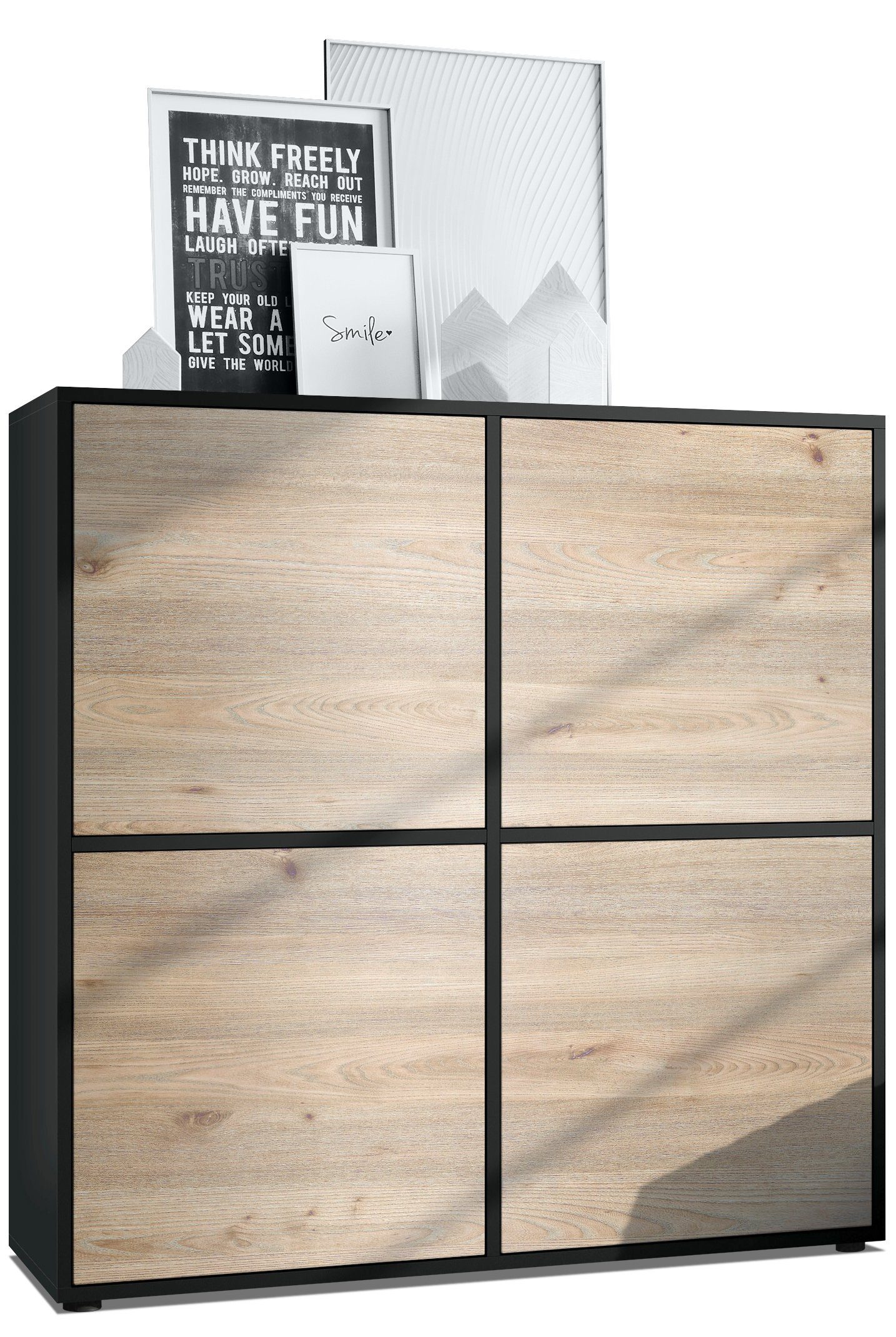 Vladon Highboard Cuba (Schrank, 104 x 105,5 x 35,5 cm Sideboard mit 8 Fächern), Korpus in Schwarz matt / Fronten in Eiche Nordic