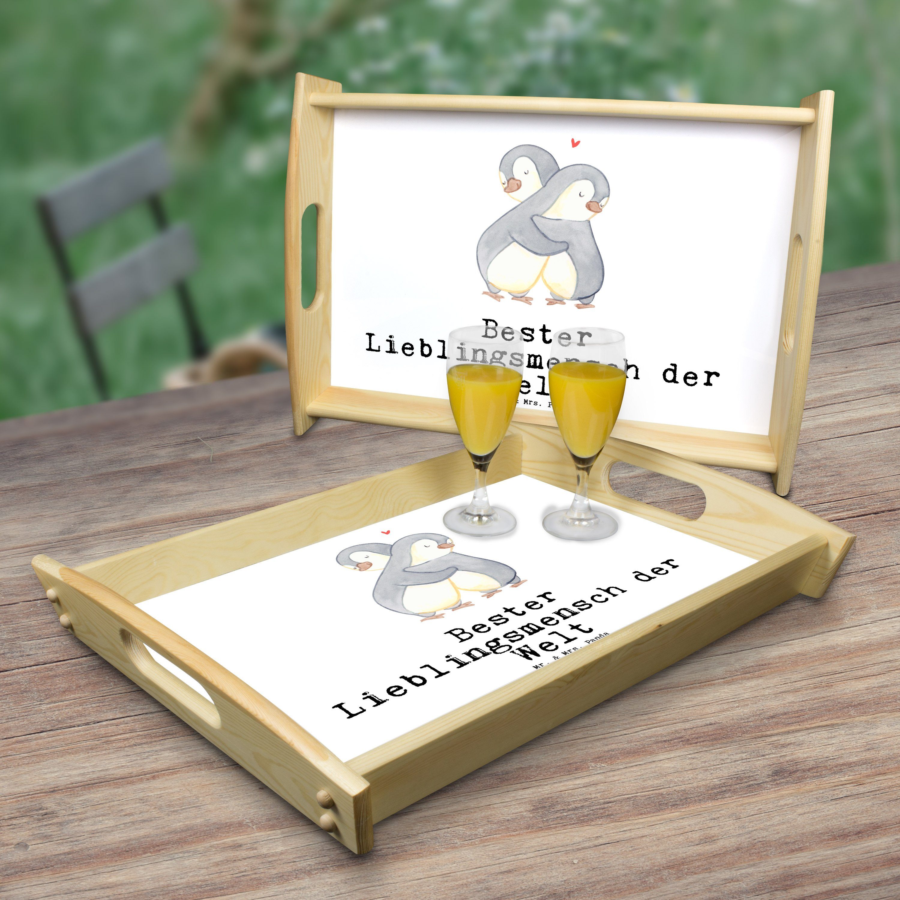 Geschenk, lasiert, Frühstücks, Tablett Weiß der Panda - Mrs. Welt Bester & - Mr. Lieblingsmensch Echtholz (1-tlg) Pinguin