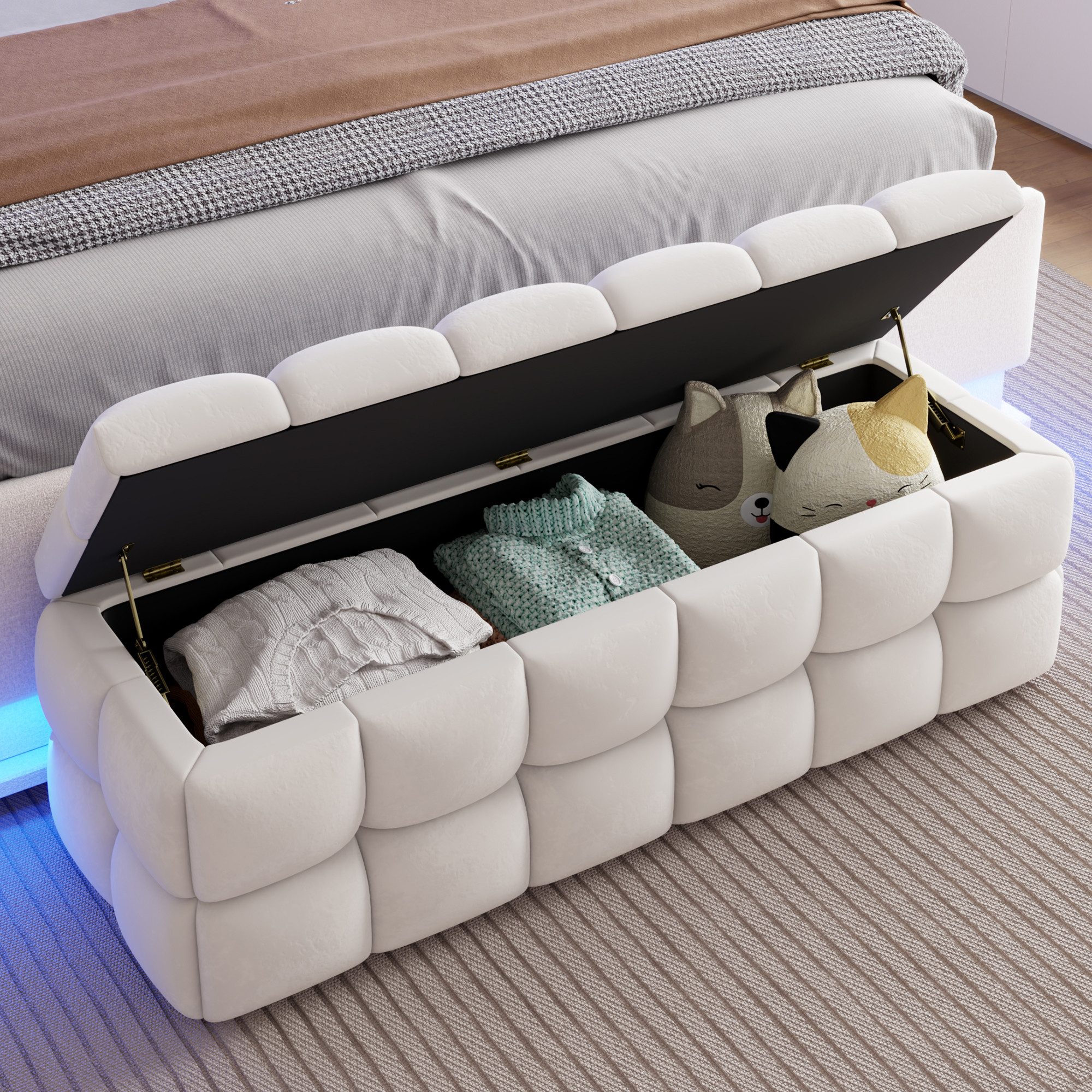 Flieks Polsterbank, Aufbewahrungsbank 120×40×40cm mit Stauraum, beige-weiß, Samtbezug