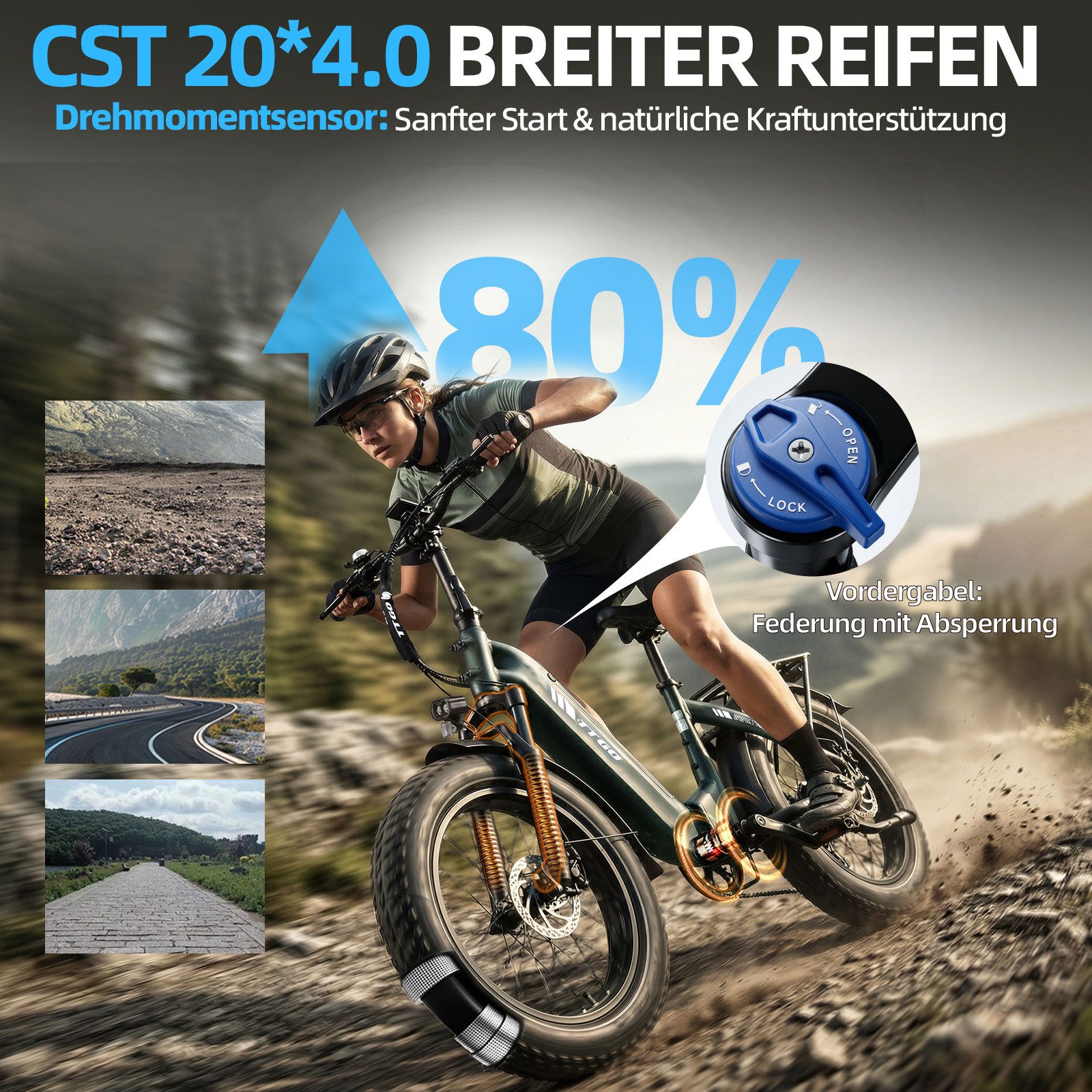 TTGO E-Bike Klapprad 20 Zoll, 70Nm, 140km, Drehmomentsensor, Lockout-Federgabel, Faltrad, 7 Gang SHIMANO, Kettenschaltung, Heckmotor, 864 Wh, 4,0'' Fatbike-Reifen, max. 150kg, Elektrofahrrad, hydr. Bremsen