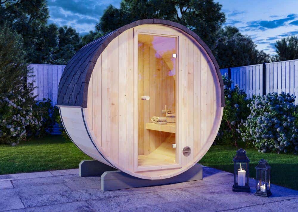 FinnTherm Fasssauna Mini XXS, BxTxH: 199 x 130 x 215 cm, 42 mm, in Naturbelassen Inkl. Fußboden