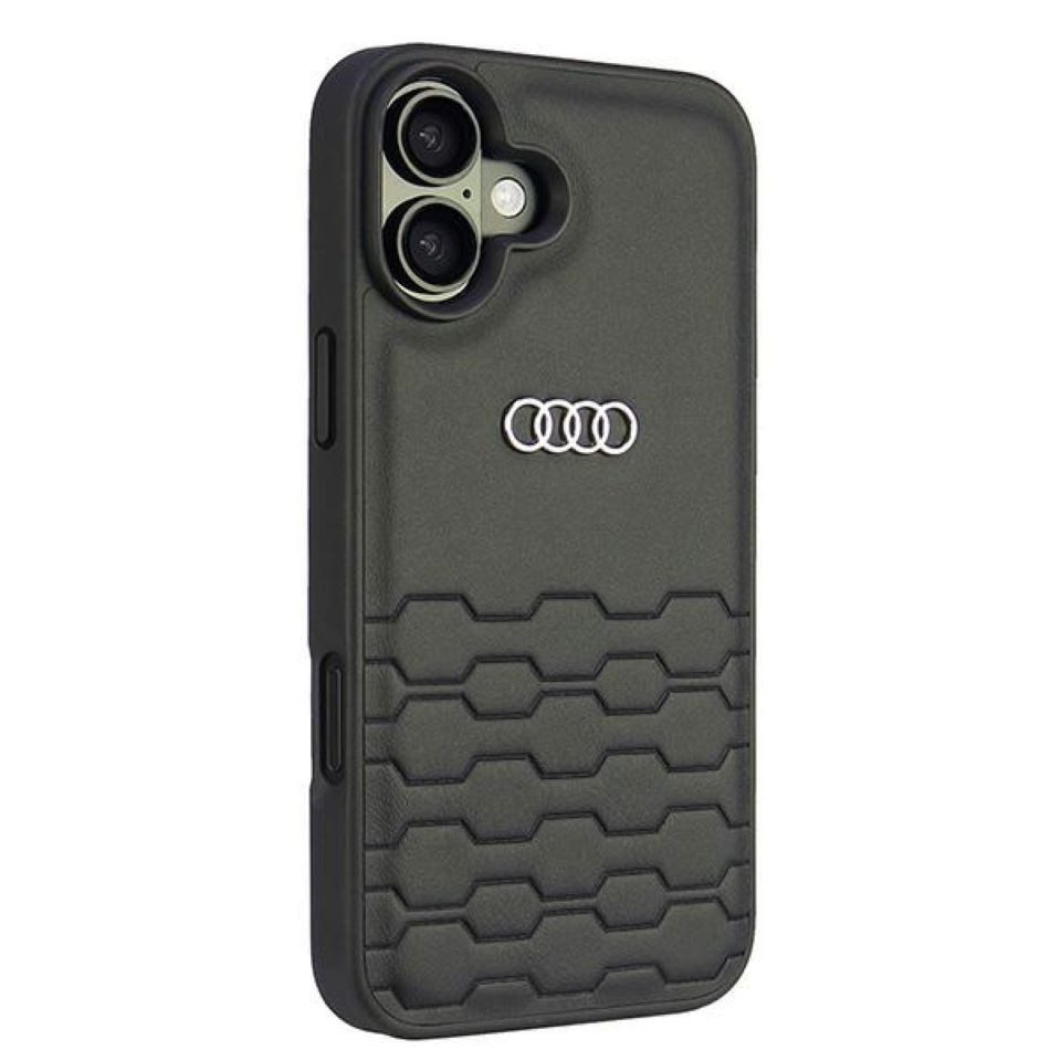 Audi Handyhülle iPhone 16 Plus Kunstleder schwarz Logo Metall 6,7 Zoll, Kantenschutz