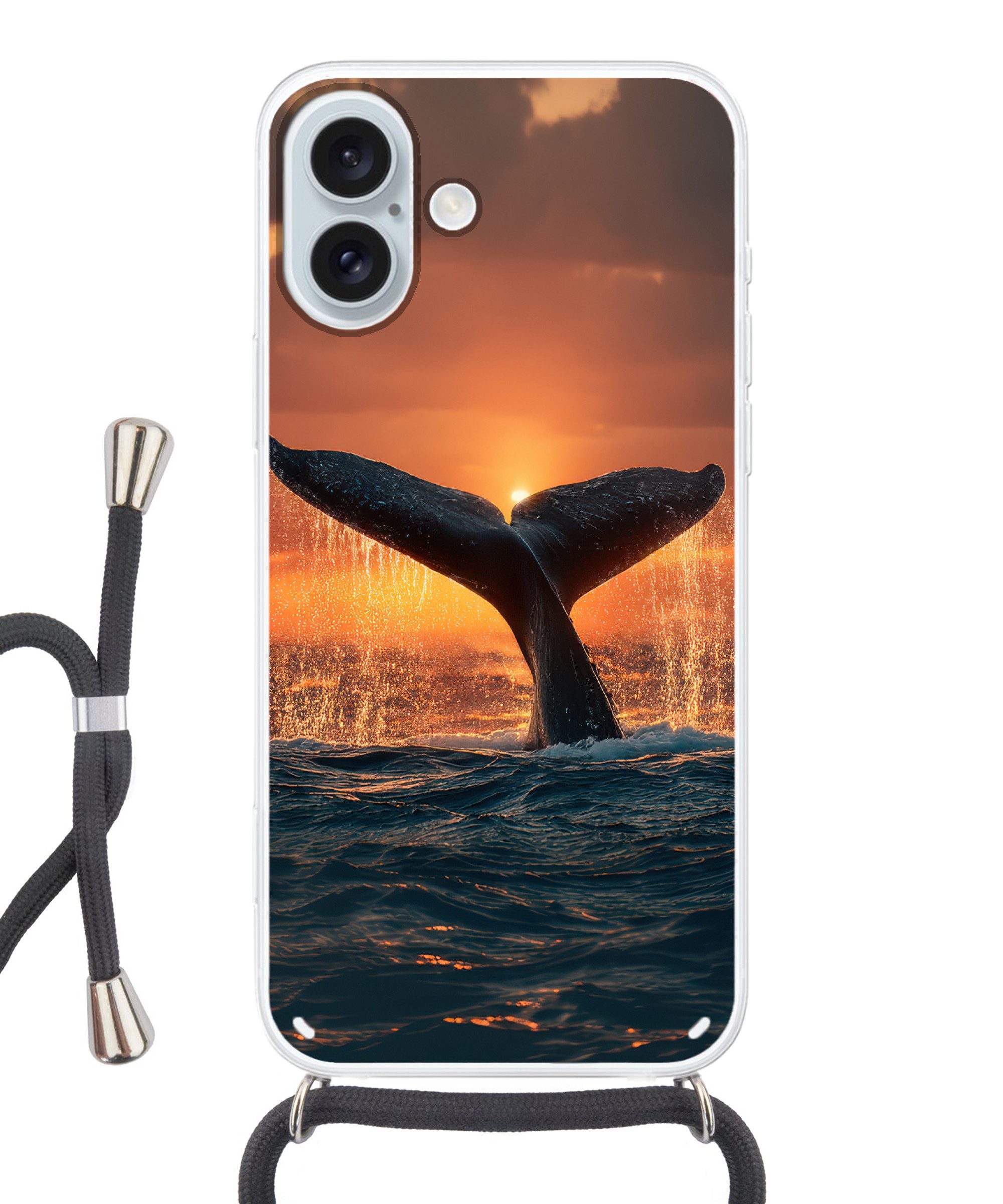 MuchoWow Handyhülle für Apple iPhone 16 Plus Schwanz eines Wals - Wasser - Sonnenuntergang, Tragbare Handyhüllen mit Kette zum umhängen, Handykette Handyband