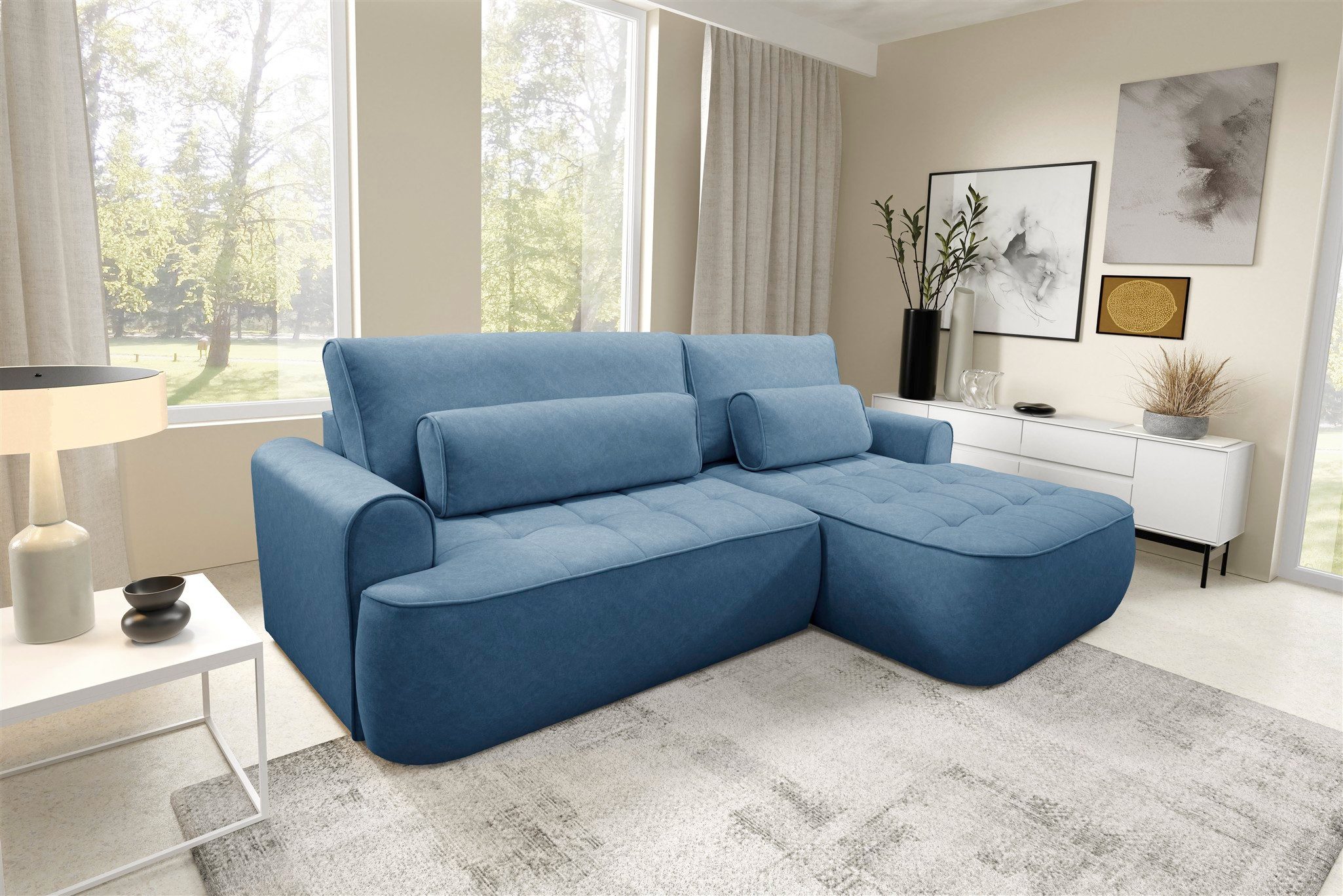 Fun Möbel Ecksofa Sofa mit Schlaffunktion HUNTER Sofa in Velourstoff Cloud, mit Ottomane Links oder Rechts, inkl. 2 x Zierkissen, Sofa rücken echt bezogen