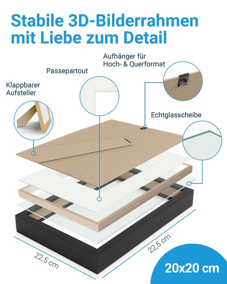 PHOTOLINI Bilderrahmen 2er Set 3D-Objektrahmen zum Befüllen mit Passepartout und Glasscheibe, für 2 Bilder (2er Set), Rahmen 20x20 cm für Objekte bis 1,5 cm Tiefe zum Basteln & Verschenken
