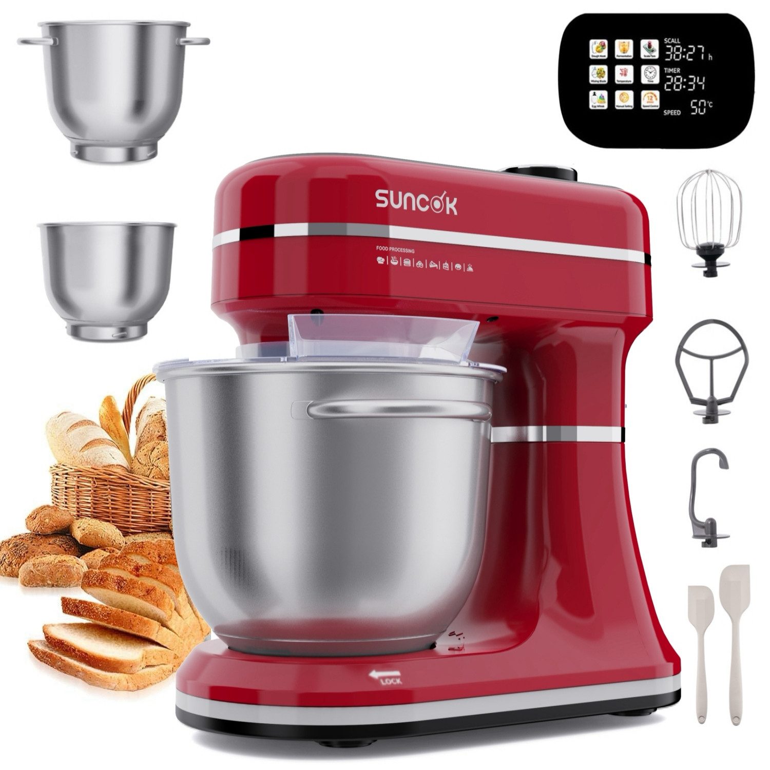 SUNCOK Küchenmaschine Multifunktionale Knetmaschine, 12-Geschwindigkeit, 59 Dezibel. geeignet zum Backen und Kneten von Teig, 1500 W, Elektrische Küchenmaschine,mit 2 Edelstahl-Rührschüsseln 4,5 und 5,5l
