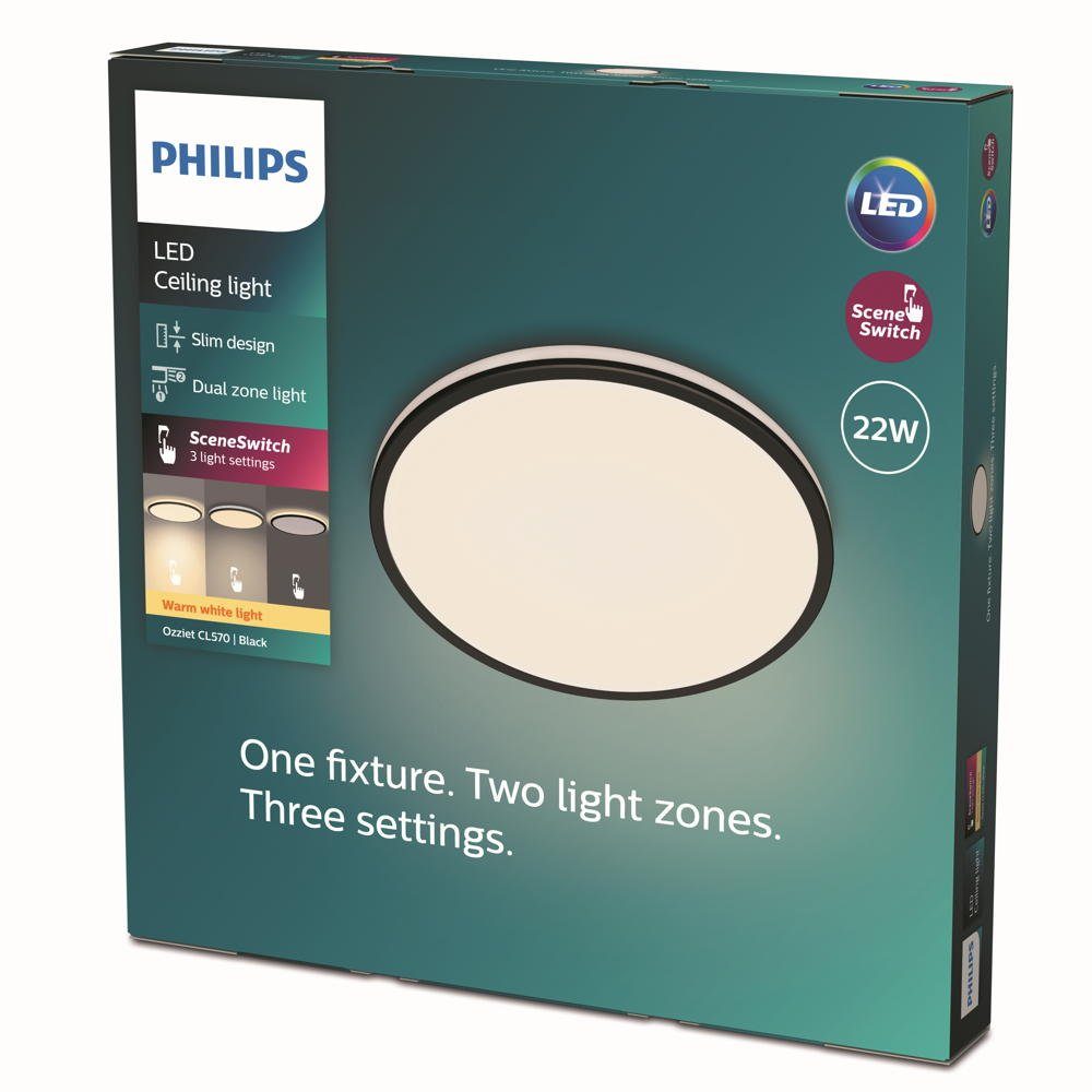 enthalten: Philips LED LED, Deckenbeleuchtung, LED Angabe, keine in Deckenleuchte Ozziet verbaut, Deckenlicht Deckenlampe, Schwarz 22W warmweiss, Deckenleuchte 2300lm Ja, 2700K, fest Leuchtmittel
