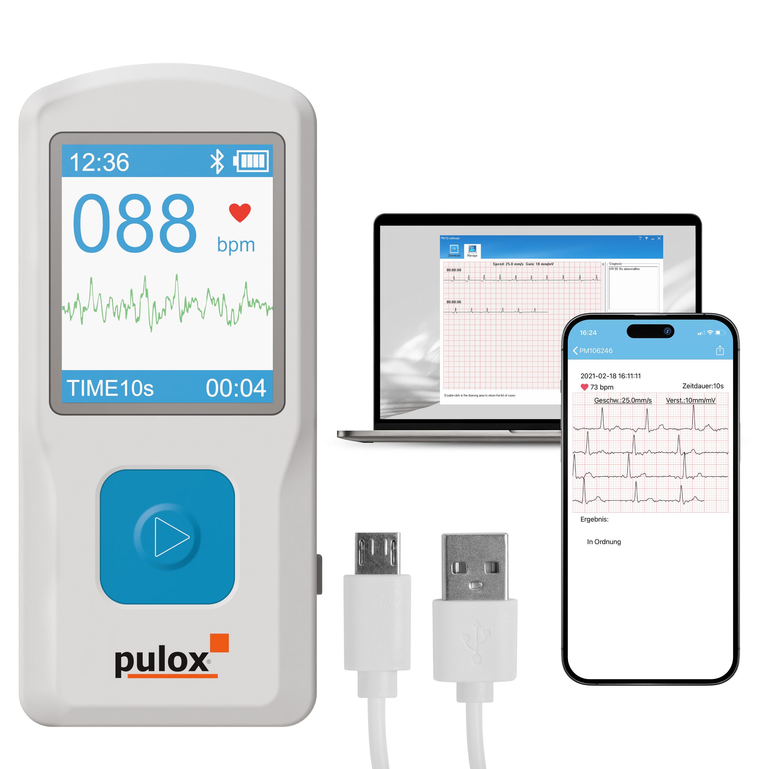 pulox EKG-Gerät PM10 - Mobiles Einkanal EKG mit USB und PC Software