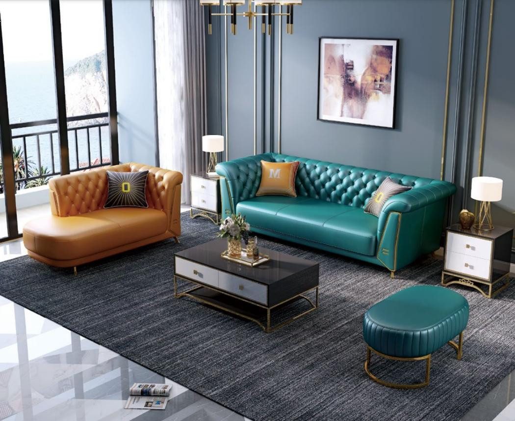 Xlmoebel Sofa Buntes Ledersofa mit Chaiselongue und Hocker, Hergestellt in Europa