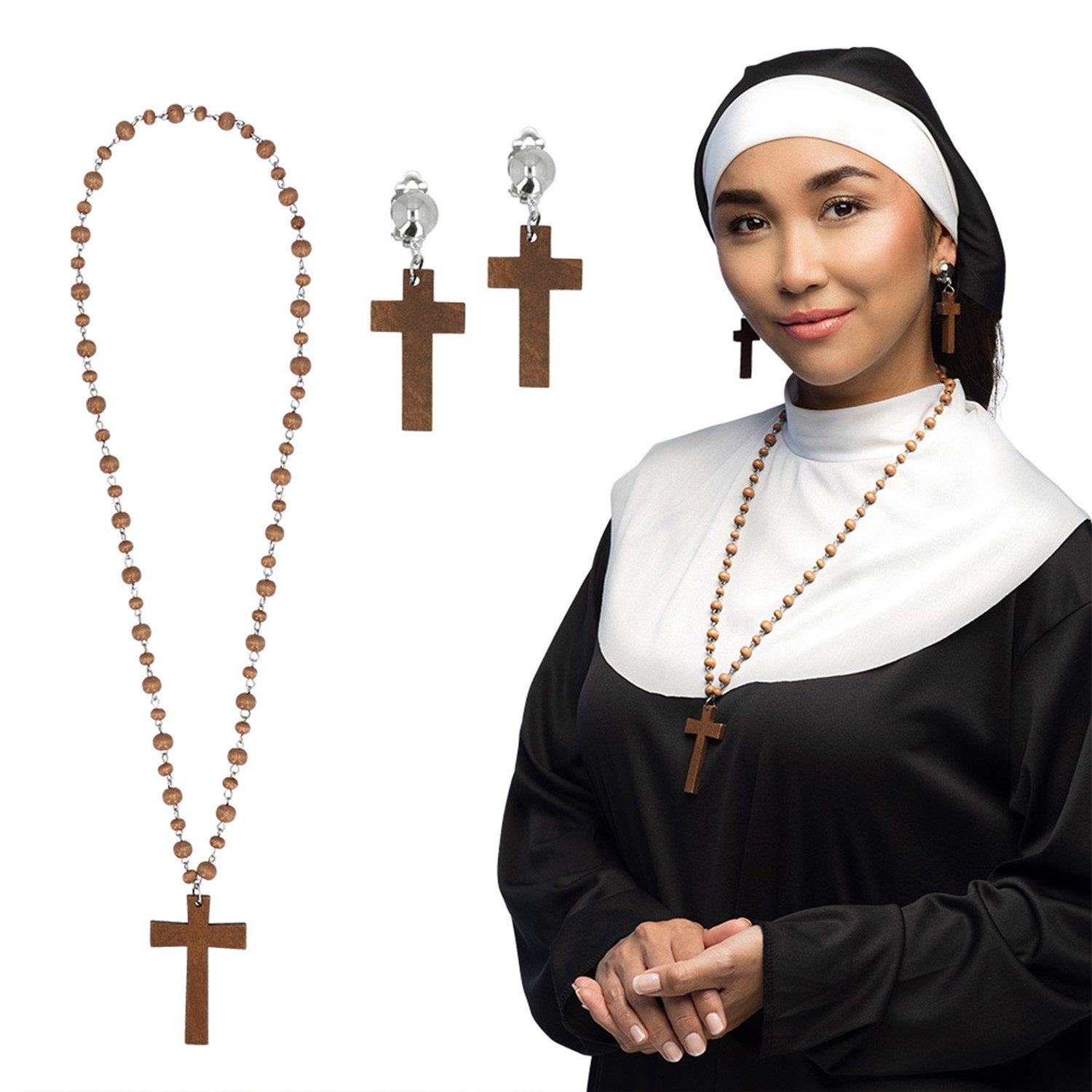 Boland Kostüm Kostüm-Set 'Nonne' 3-tlg., Braun - Halskette und