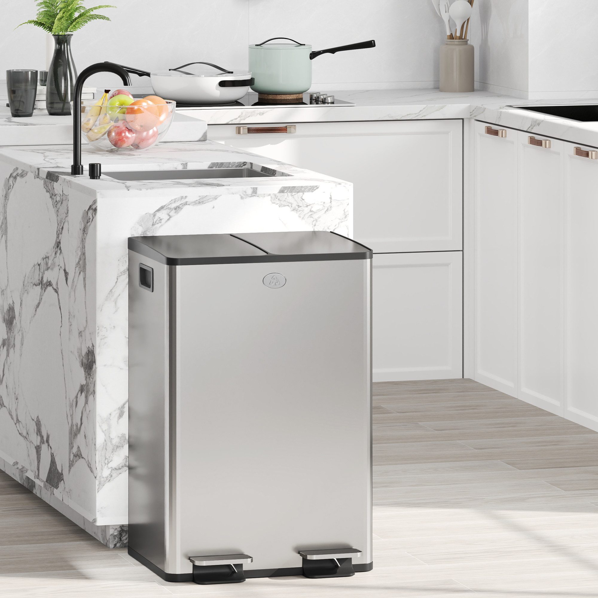 HOMCOM Mülltrennsystem Abfalleimer aus Edelstahl, 2x28 l, Soft-Close, Pedal, Deofach