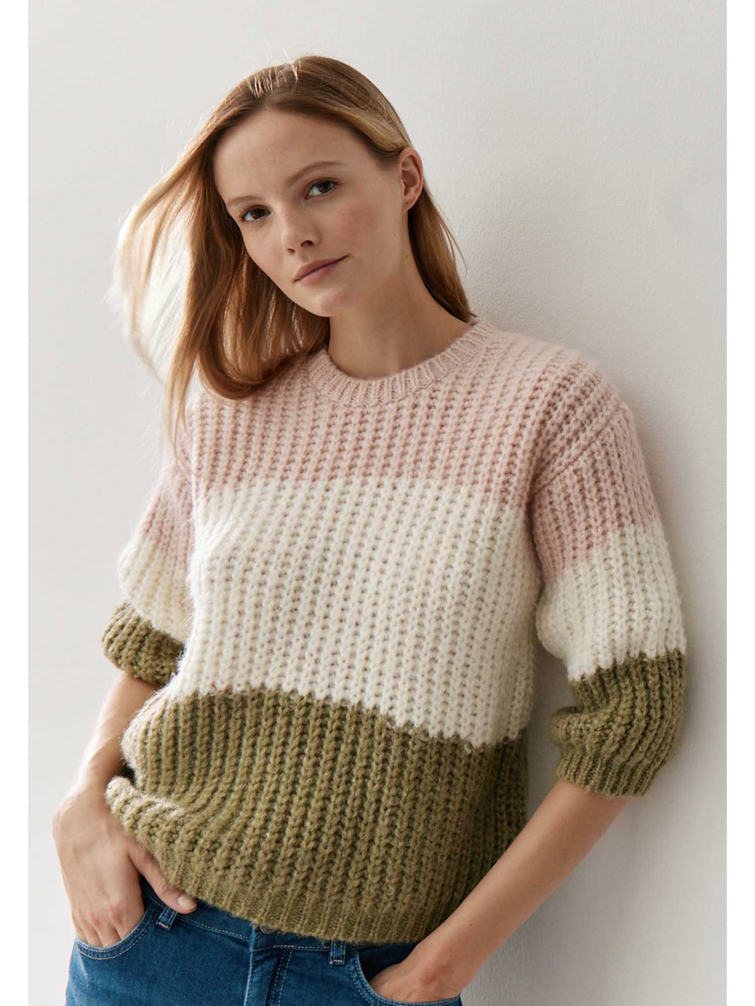 MORE&MORE Rundhalspullover cooler 3/4 Arm Rippstrickpullover, gestreift