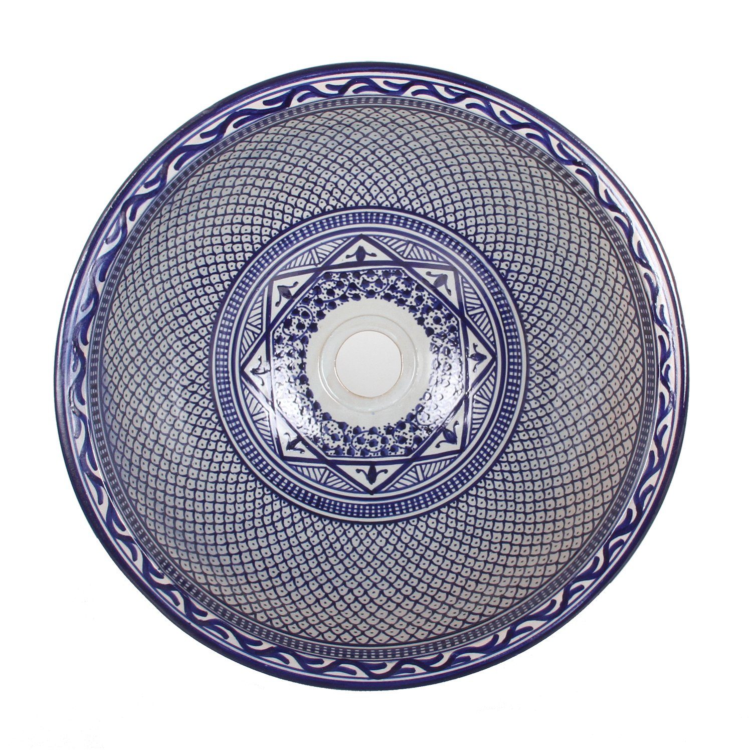 Casa Moro Waschbecken Orientalisches Keramik Waschbecken Fes106 Blau Ø 35cm Weiß rund (marokkanische Handwaschbecken, Aufsatzbecken handbemalt & handgefertigt), Kunsthandwerk aus Marokko WB35316