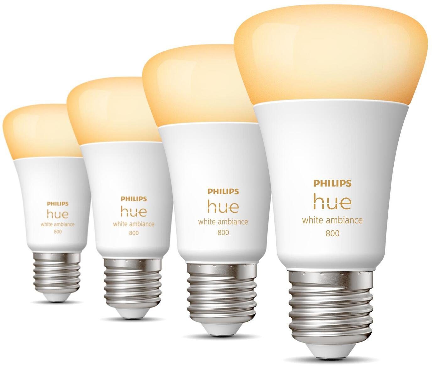 Philips Hue LED-Leuchtmittel White Ambiance E27 Viererpack 4x570lm 60W, E27, 4 St., Warmweiß, CCT-Farbtemperatursteuerung - warmweiß bis tageslichtweiß