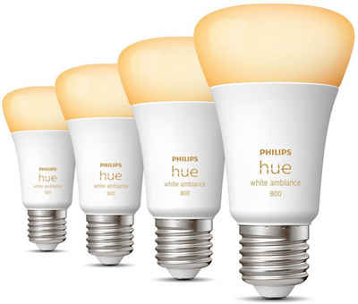 Philips Hue White Ambiance E27 Viererpack 4x570lm 60W LED-Leuchtmittel, E27, 4 St., Warmweiß, CCT-Farbtemperatursteuerung - warmweiß bis tageslichtweiß