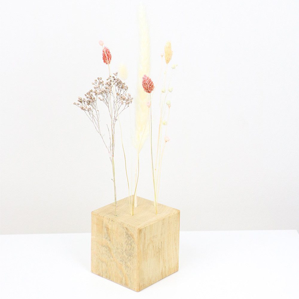Trockenblume FlowerBar CUBE “FATA MORGANA”, Holzwürfel mit Trockenblumen, Eiche