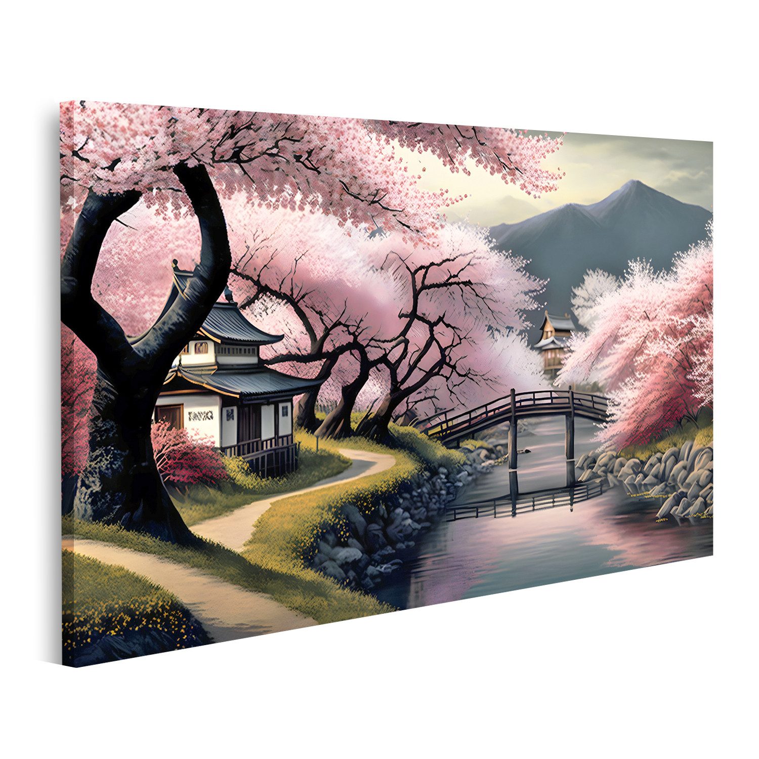 islandburner Leinwandbild Blühende Sakura Japan Fluss Berge Frühling Malerische Ansich Изображения