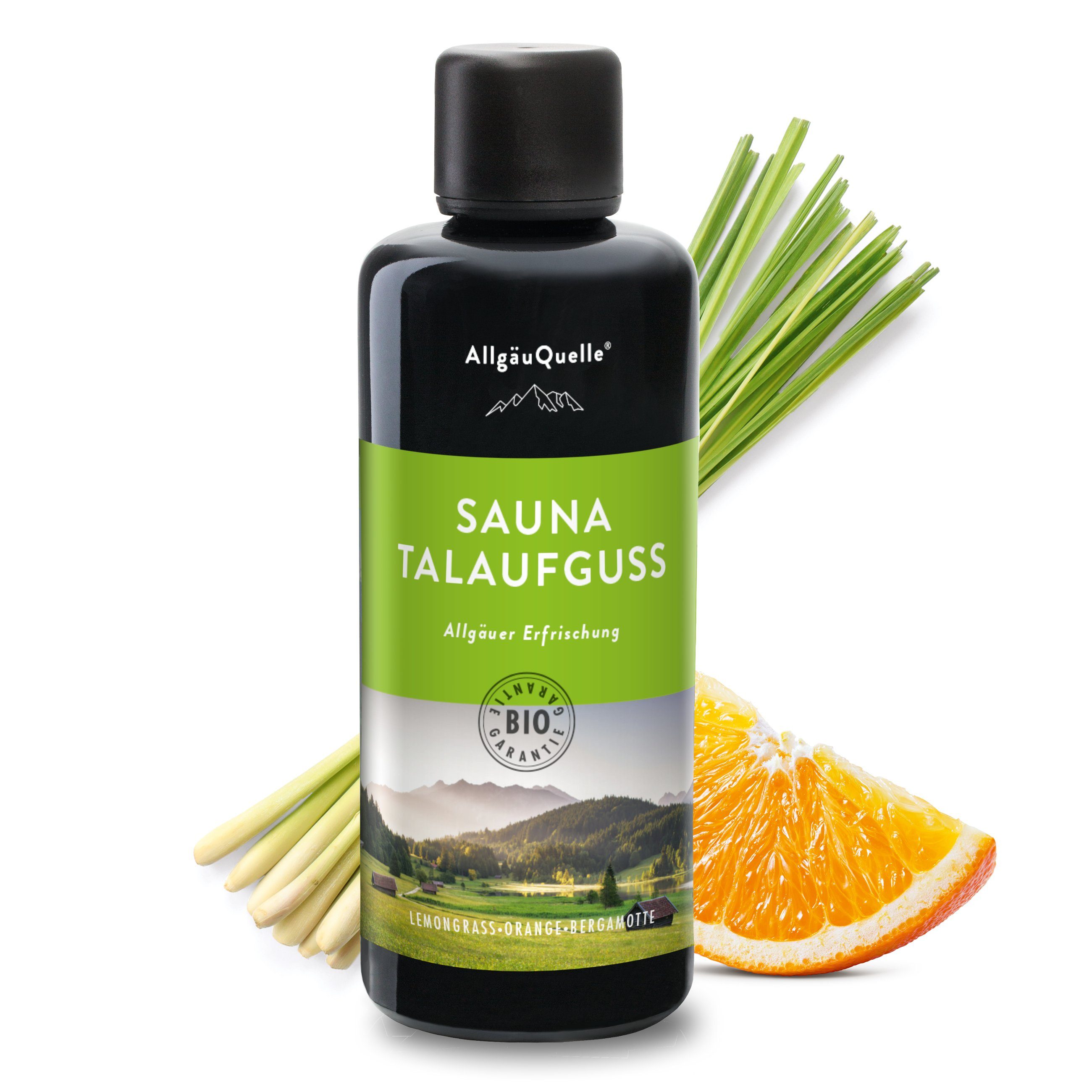 Allgäuquelle Sauna-Aufgussset Bio Saunaaufguss Talaufguss Saunaduft (1 x 100ml) mit Lemongrass, Orange und Bergamotte