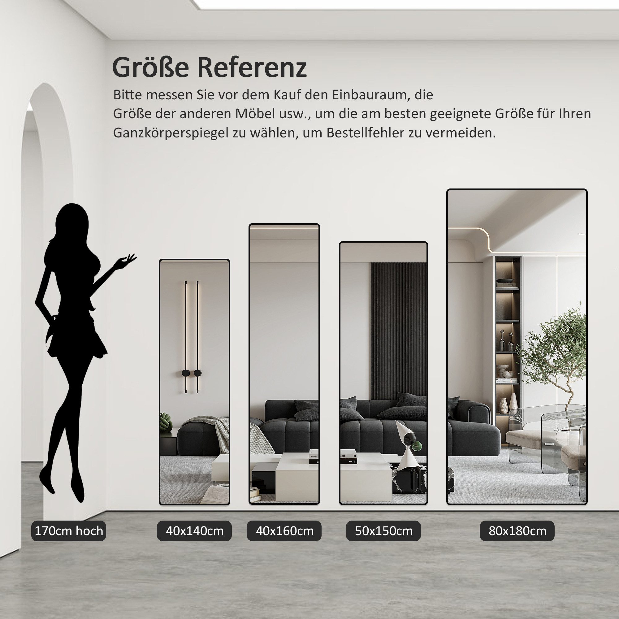 Hopibath Wandspiegel ganzkörper 180x80 150x50 160x40 140x40 mit Alurahmen (Ganzkörperspiegel Bogenspiegel Schwarz, rechteckig), für Schlafzimmer Wohnzimmer Garderobe Flur Friseurladen