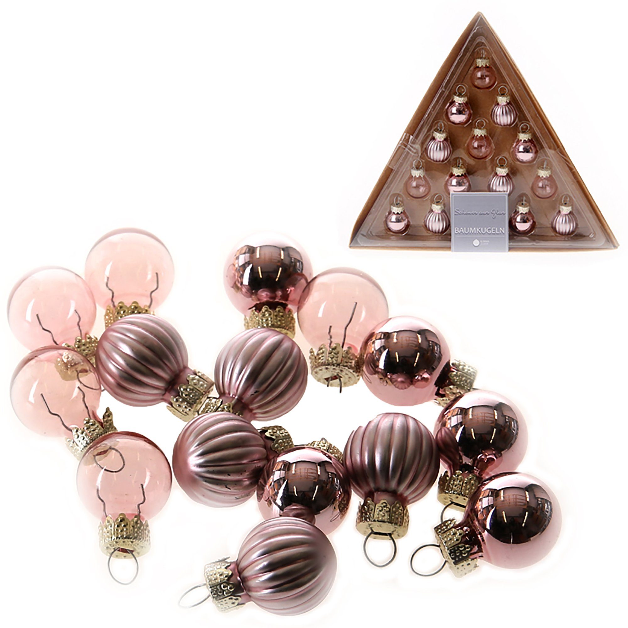 Annastore Christbaumschmuck 15 x Mini Baumkugeln aus Glas zum Hängen - kleine Christbaumkugeln, Ø 2 cm, Glaskugeln zum Hängen Rose