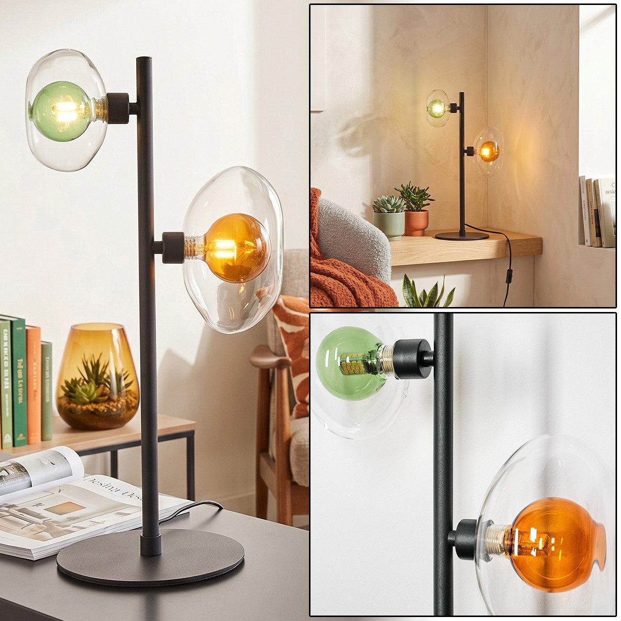 hofstein Tischleuchte Tischlampe aus Metall/Glas in Schwarz/Bernstein/Grün/Klar, ohne Leuchtmittel, Glasschirme (18cm), An/-Auschalter, 2x G9, ohne Leuchtmittel