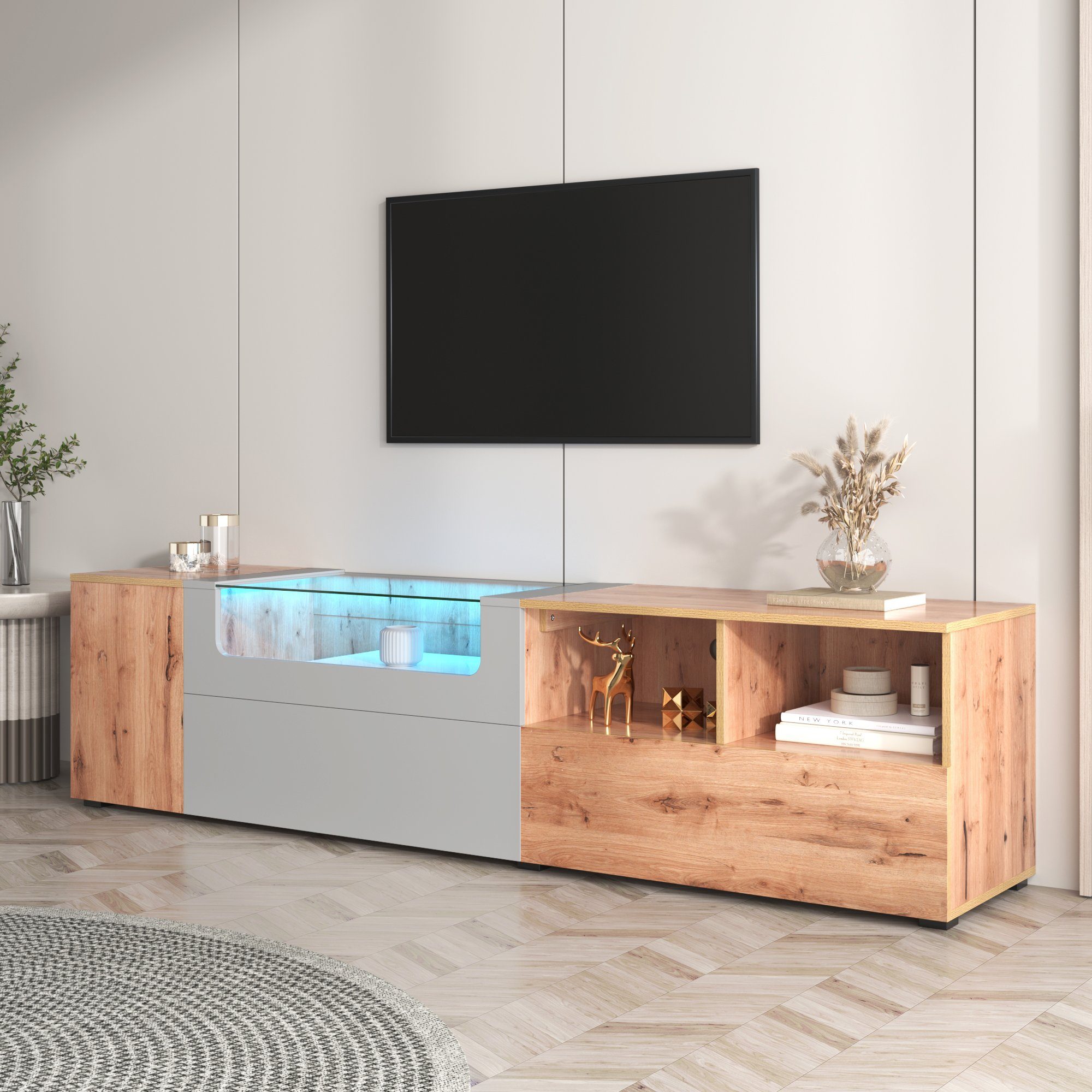 Türen TV-Schrank und Lowboards, Celya Mit LED-Leuchten Hellgrau Glasplatte farbwechselnden mit Fächern