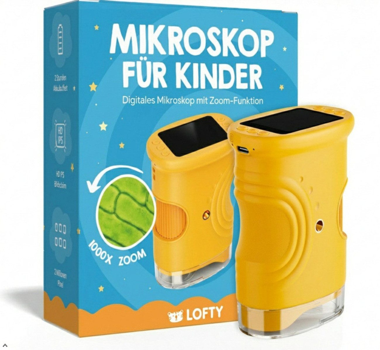 LOFTY Mikroskop für Kinder, Digital Mikroskop, Handmikroskop, 1000-fach Zoom Kindermikroskop (50x-1000x, 2,0 Zoll IPS-Display inkl. Schlüsselanhänger, Kindergeschenk)