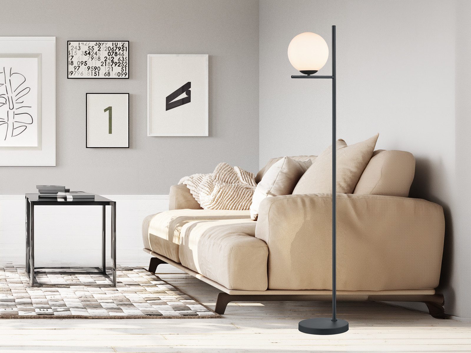TRIO Leuchten LED Stehlampe Metall Schwarz & Glaskugel, Höhe 150cm, dimmbar, LED wechselbar, Warmweiß, Retro mit Glas-schirm Wohnzimmer-Lampe für Ecke hinter So – Bild 5 von 5