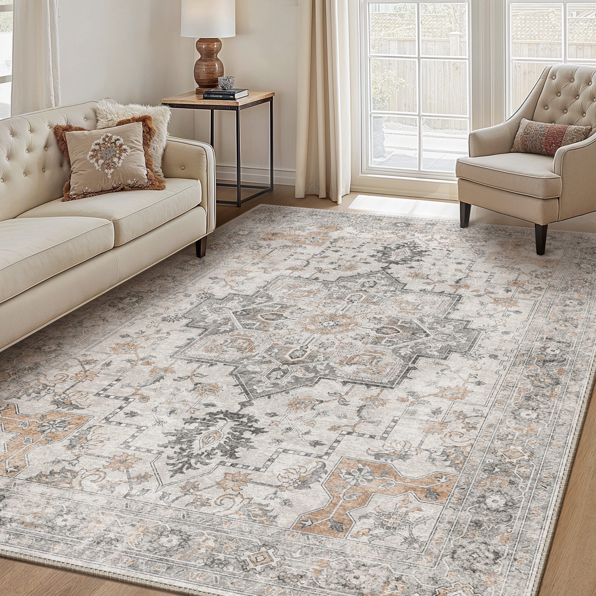 GENIMO Teppich Maschinenwaschbar, Kurzflor Antirutsch Teppich für Wohnzimmer, Küche, rechteckig, 180×270cm, hellgrau