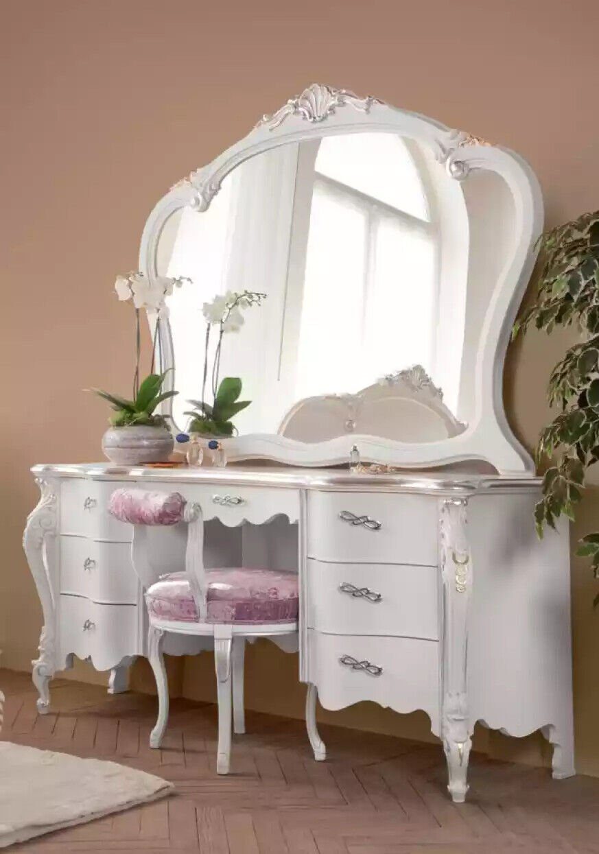 (2-St., Schminktisch Set Klassischer Spiegel Italy in Weiß Nur Möbel Schlafzimmer Made + Schminktisch Spiegel), Schminktisch JVmoebel