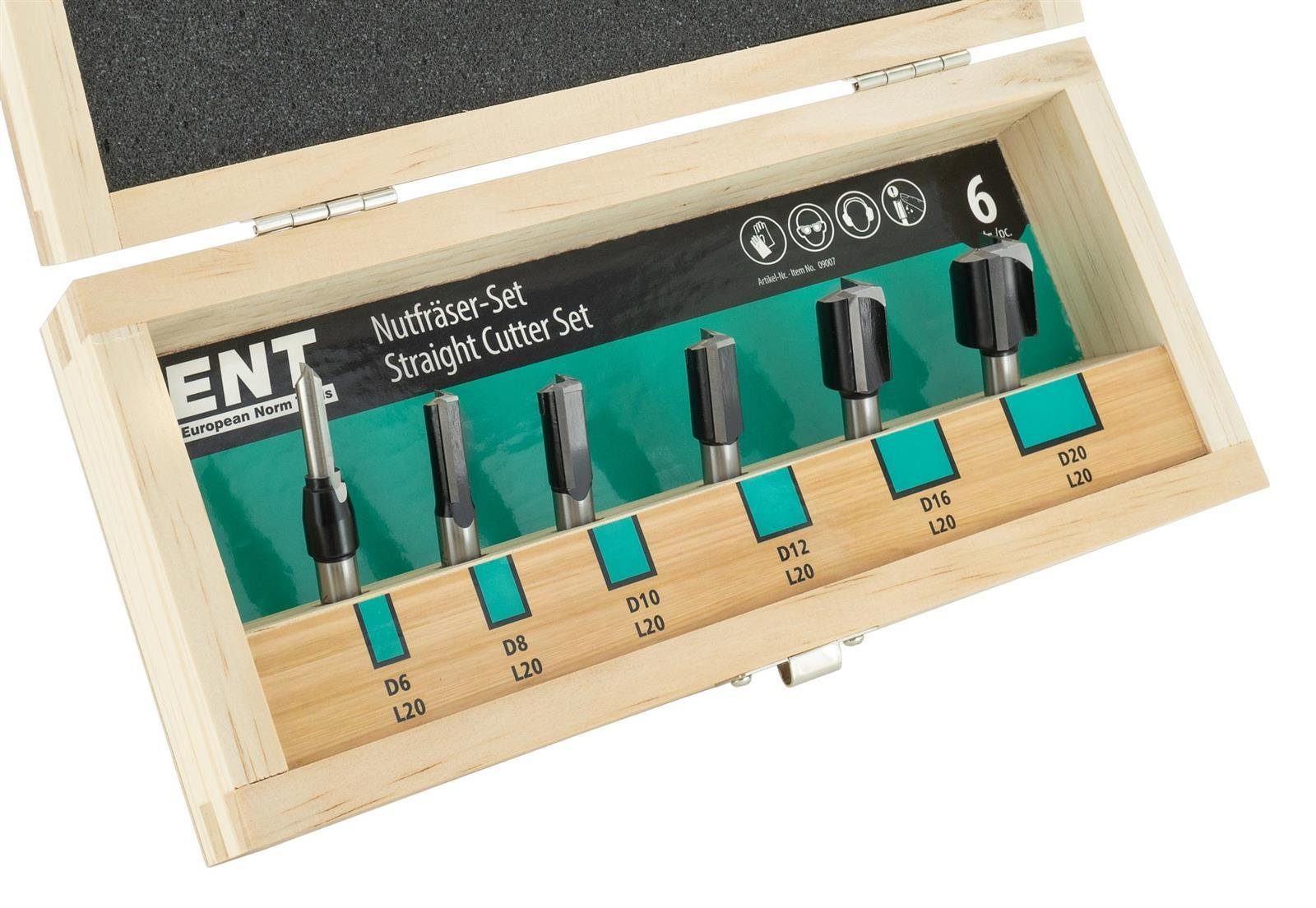 ENT European Norm Tools Fräsbohrer 09007 6-tlg. Nutfräser Set, (in Holzbox), mit HW-Grundschneide - Ø 6 - 8 - 10 - 12 - 16 und 20 mm - Schaft Ø 8 mm, Hartmetall