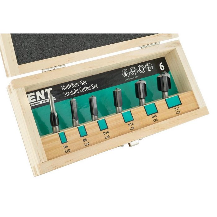 ENT European Norm Tools Fräsbohrer 09007 6-tlg. Nutfräser Set (in Holzbox) mit HW-Grundschneide - Ø 6 - 8 - 10 - 12 - 16 und 20 mm - Schaft Ø 8 mm Hartmetall