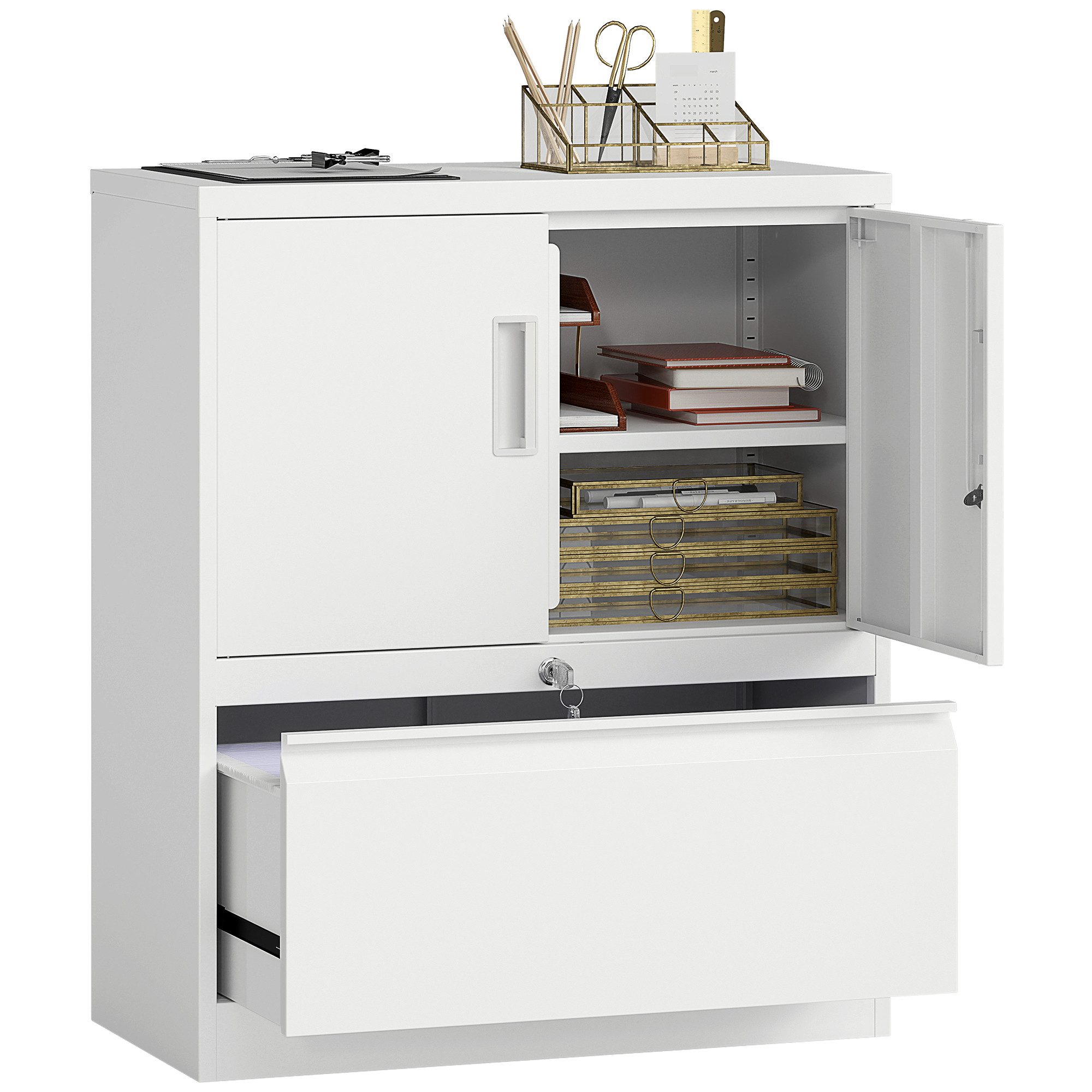HOMCOM Aktenschrank Mehrzweckschrank aus Stahl Verstellbaren Regalen Lagerschrank (Büroschrank, 1-St., Metallschrank) abschließbare Türen und Schubladen, Weiß