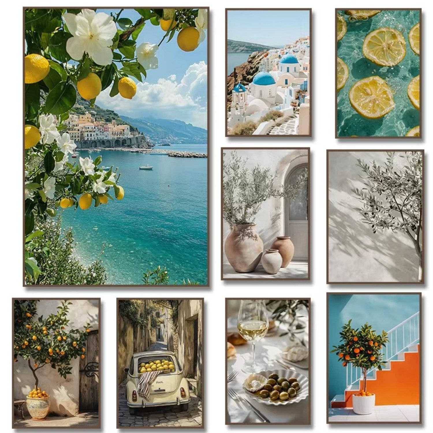 TPFLiving Kunstdruck OHNE RAHMEN, Italienische Landschaften - Mittelmeer Motife - Zitronen und Blumen - (Leinwandbild XXL), Farben: Farben: blau, gelb, grün, beige, weiß -Größe: 20x30cm