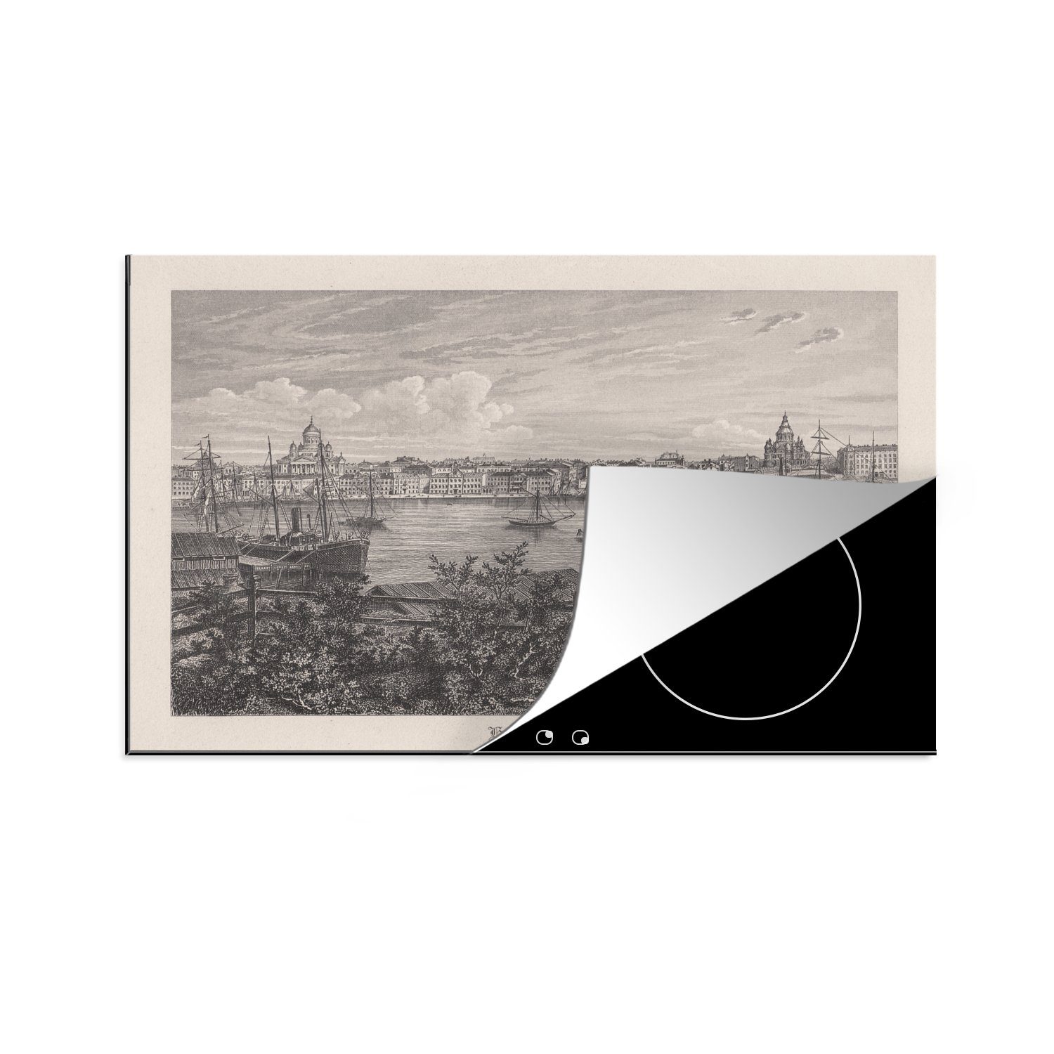 MuchoWow Herdblende-/Abdeckplatte Eine Illustration des Hafens von Helsinki in Finnland, Vinyl, (1 tlg), 81x52 cm, Induktionskochfeld Schutz für die küche, Ceranfeldabdeckung