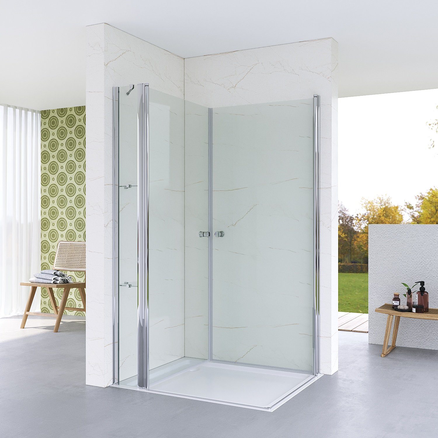 AQUABATOS Eckdusche Duschkabine Eckeinstieg Eckdusche Duschwand Duschabtrennung, BxT: 100x80 cm, Einscheiben-Sicherheitsglas (ESG) 5 mm, Pendeltür Glas Duschtür mit Festteil Drehtür mit Nebenteil Hebe Senk Funktion, rahmenlos, Breite wählbar, Echtglas, Klarglas, mit Verstellbereich, links und rechts montierbar, Sicherheitsglas, barrierefrei, mit Stabilisationsbügel und Duschablage