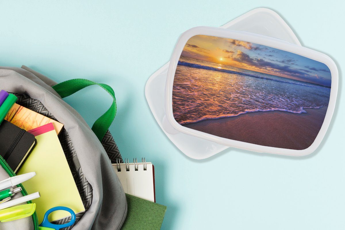 Meer für und - Mädchen Strand Lunchbox Kinder Wolken MuchoWow Brotdose, - Sonnenuntergang Horizont, Erwachsene, Brotbox und Jungs Kunststoff, (2-tlg), - für - weiß