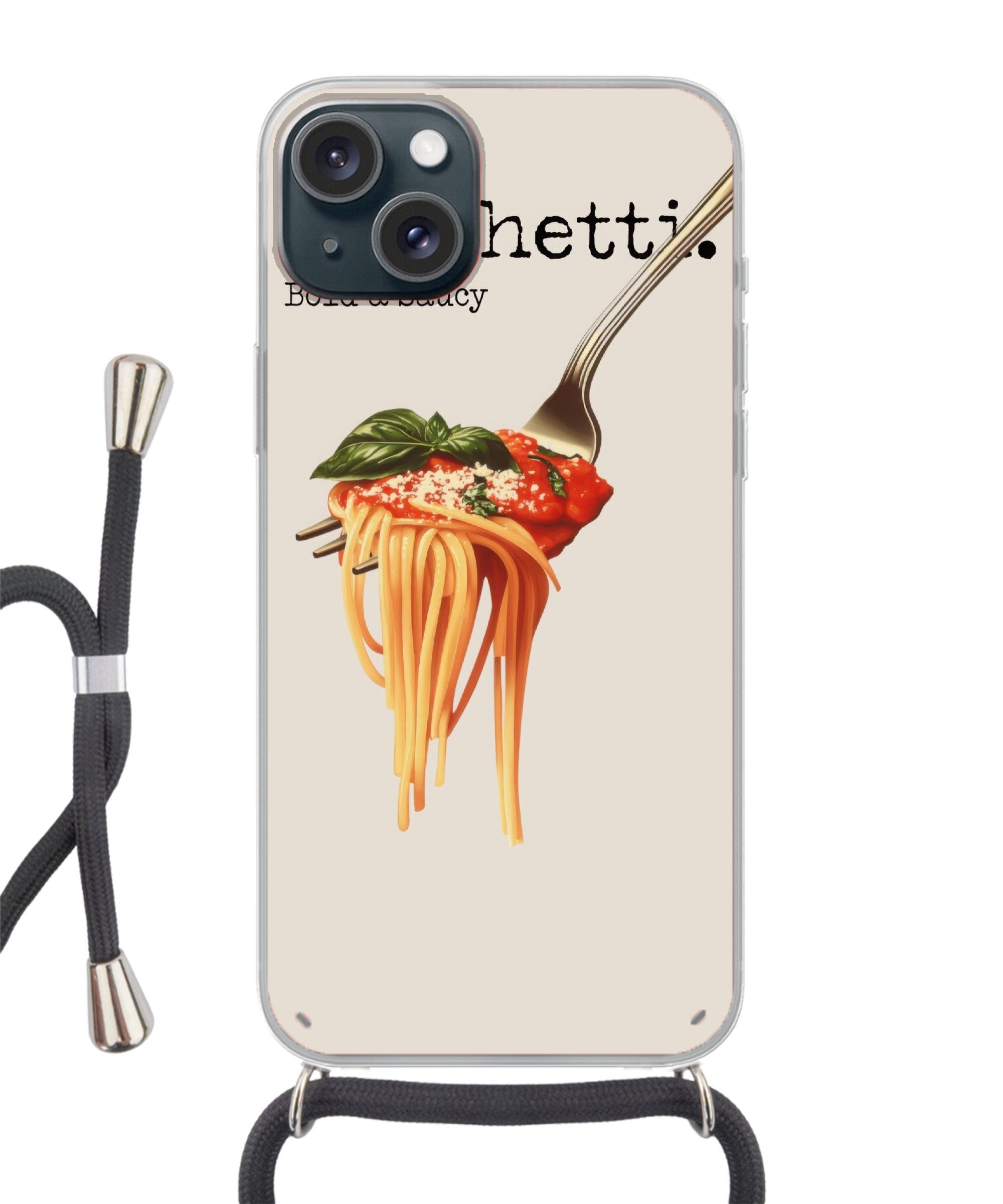 MuchoWow Handyhülle für Apple iPhone 15 Spaghetti - Tomatensauce - Parmesankäse, Tragbare Handyhüllen mit Kette zum umhängen, Handykette Handyband