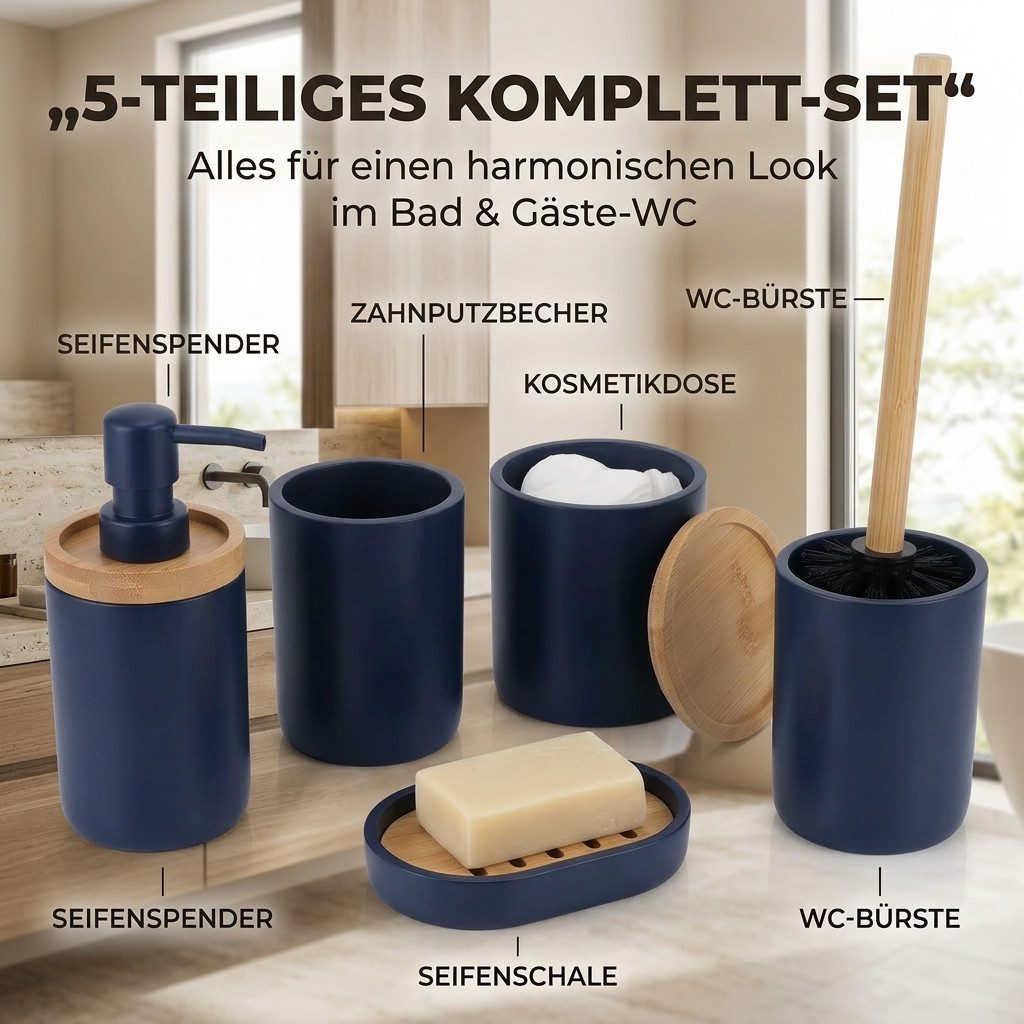 TENDANCE Badaccessoire-Set 5 teilig Zahnputzbecher Seifenspender Seifenschale WC Bürste Wattedose