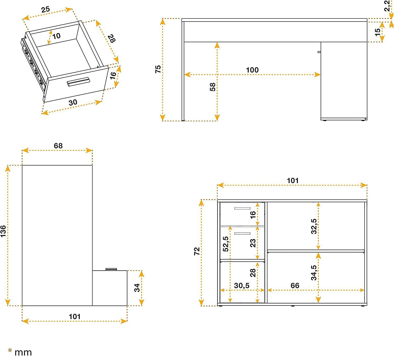 RICOO Eckschreibtisch WM083-BG, kleiner Schreibtisch & Beton-Grau Form Erwachsene für L Ecke Bürotisch Kinder in