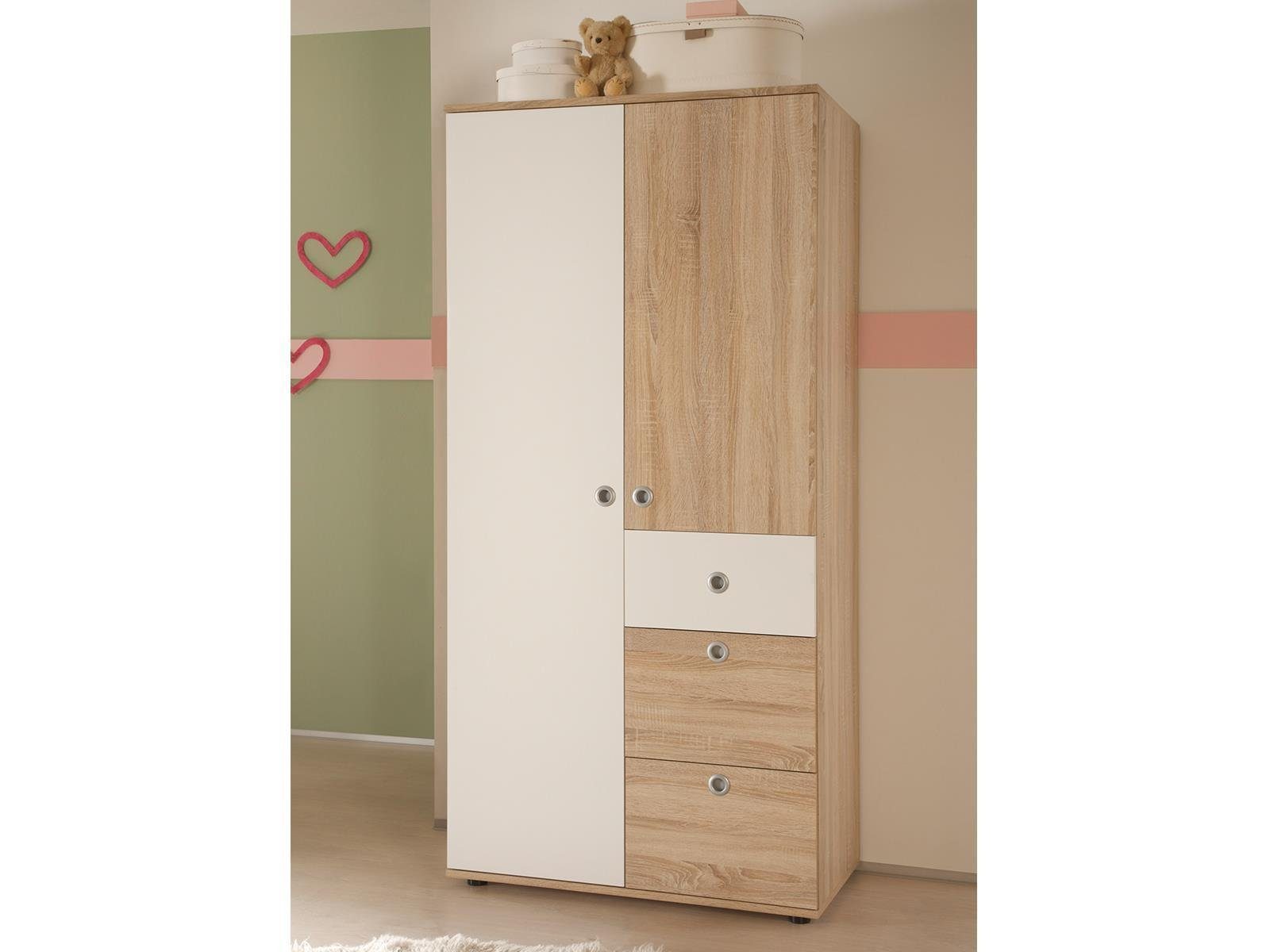 90 cm, Sonoma-Eiche 3 Breite Floris Weiß cm Absetzungen 191 in Drehtürenschrank cm, 53 dahinter Moderner Kinder-Kleiderschrank und Einlegeböden. mit in Kleiderstangen möbelando Nachbildung, aus 2 Schubkästen Türen 2 Tiefe 3 Spanplatte Höhe und