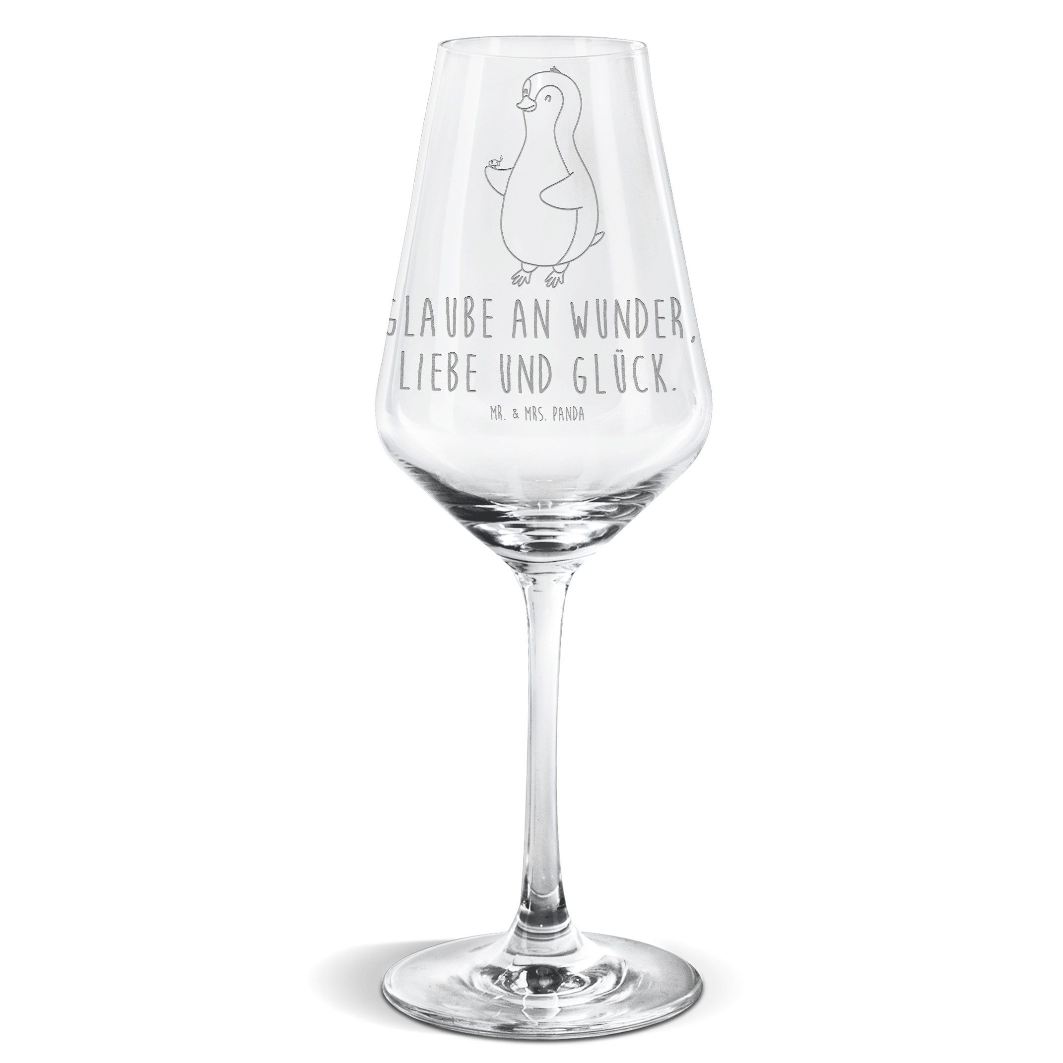 Mr. & Mrs. Panda Weißweinglas Pinguin Marienkäfer - Transparent - Geschenk, Wunder, Lebensfreude, P, Premium Glas, Premium Gravur